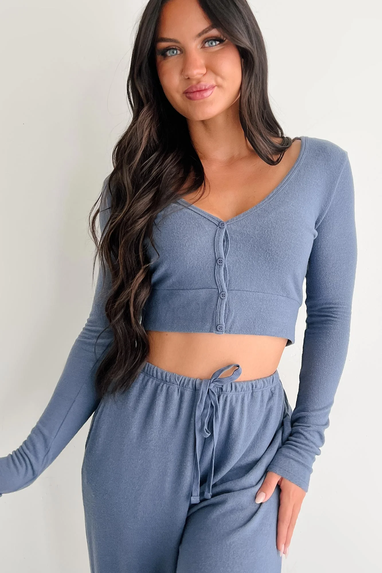 All Your Love Button Detail Long Sleeve Top (Dusty Navy)