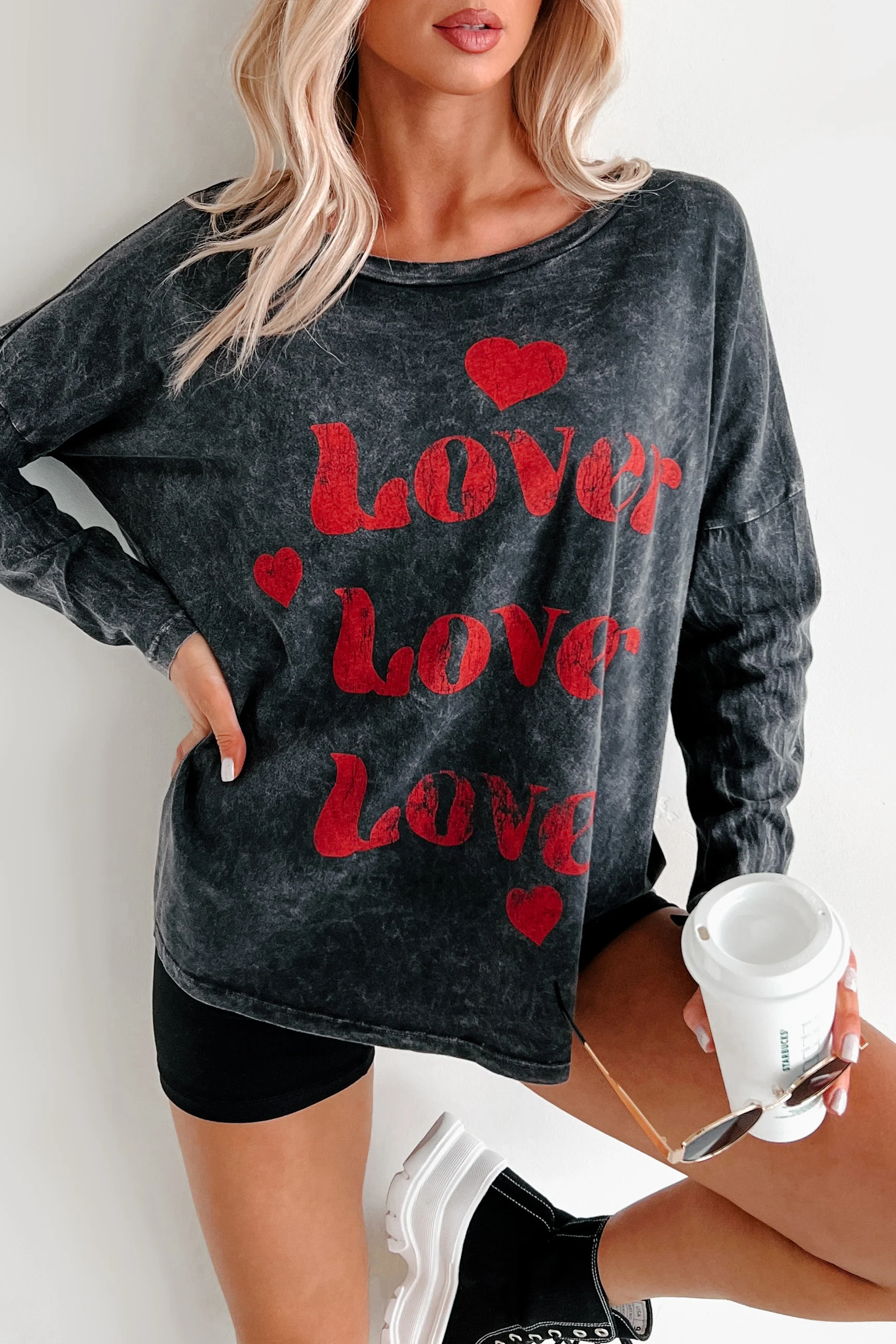 Be My "Lover" Acid Wash Graphic Top (Charcoal)