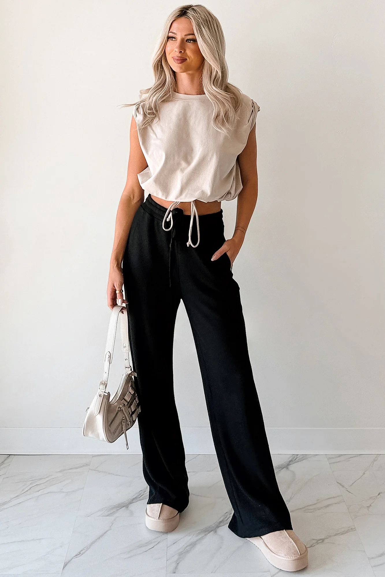 Beyond Horizons Waffle Knit Wide Leg Pants (Black)