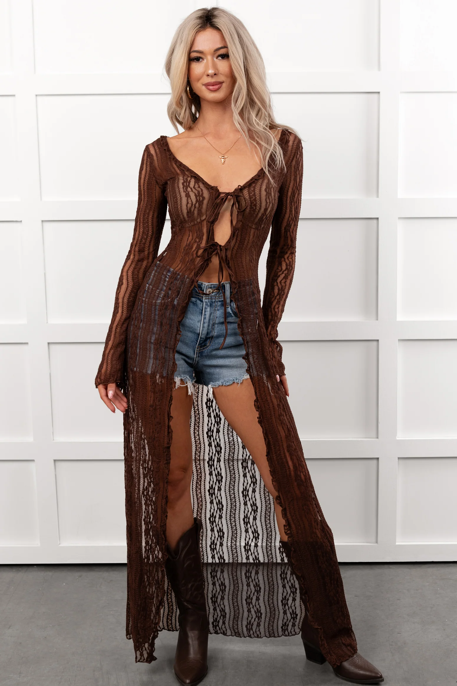 Boho Chic Behavior Lace Duster Cardigan (Brown) - Image 2