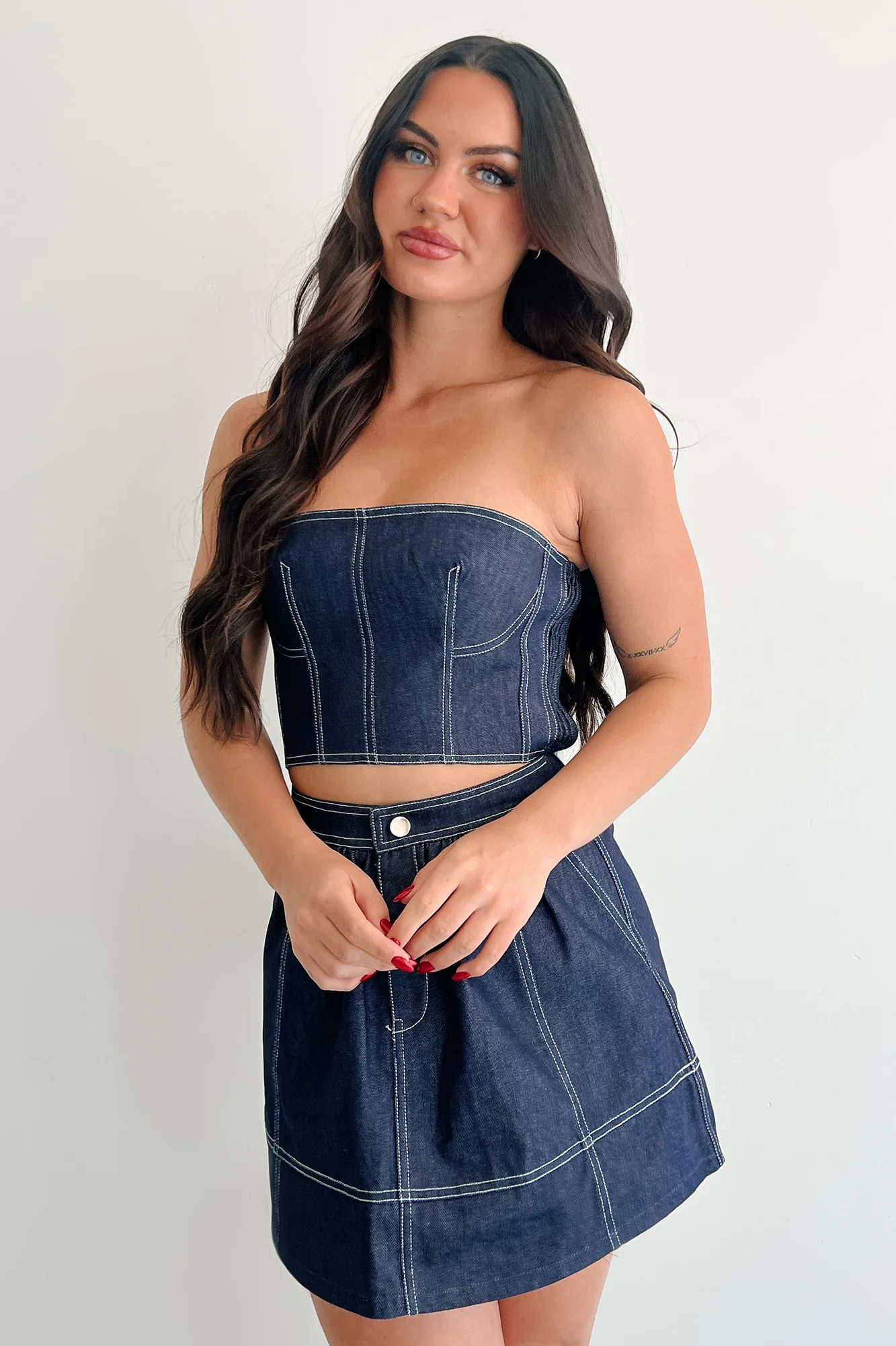 Brew & Browse Denim Crop Top & Mini Skirt Set (Dark) - Image 5