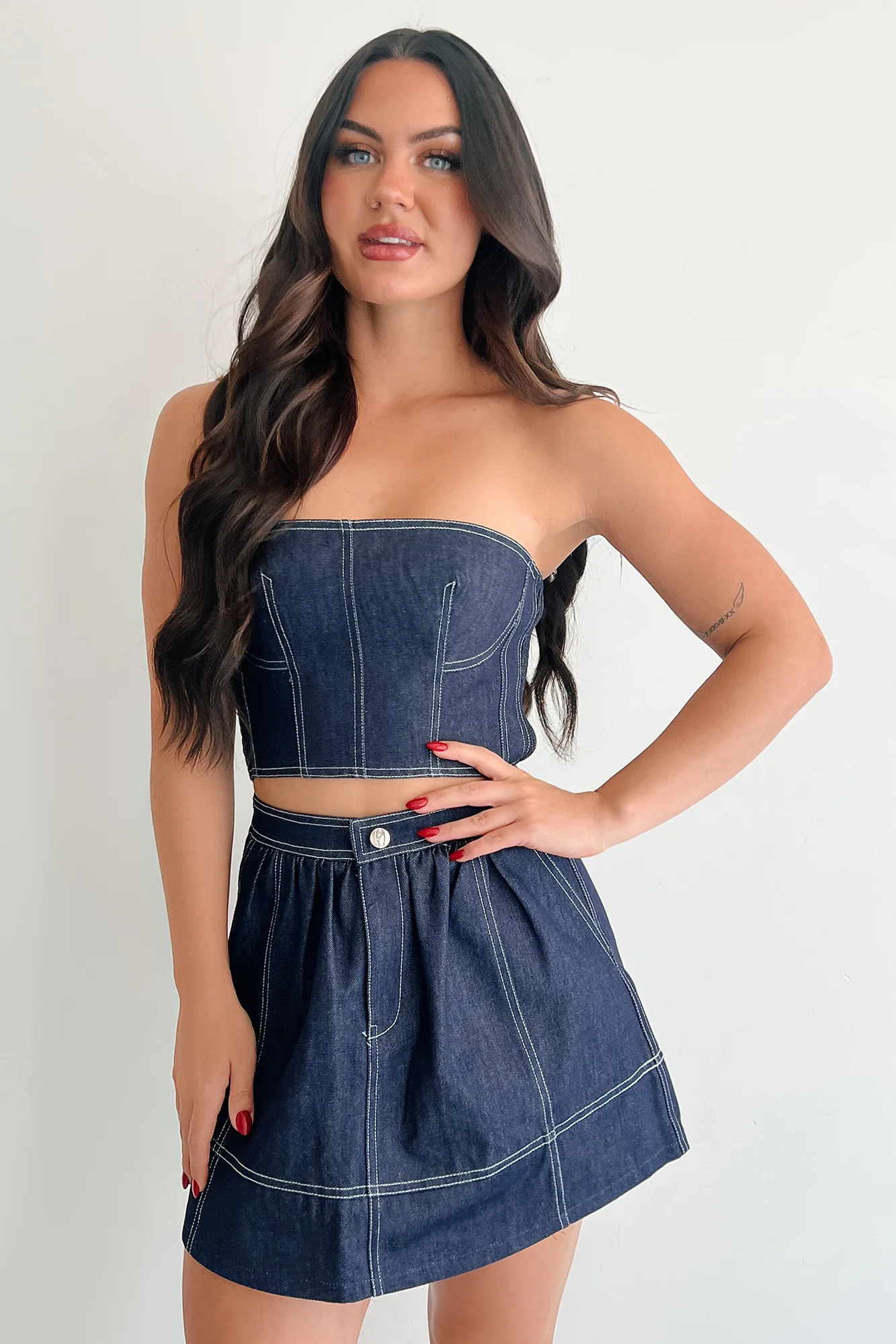Brew & Browse Denim Crop Top & Mini Skirt Set (Dark) - Image 6