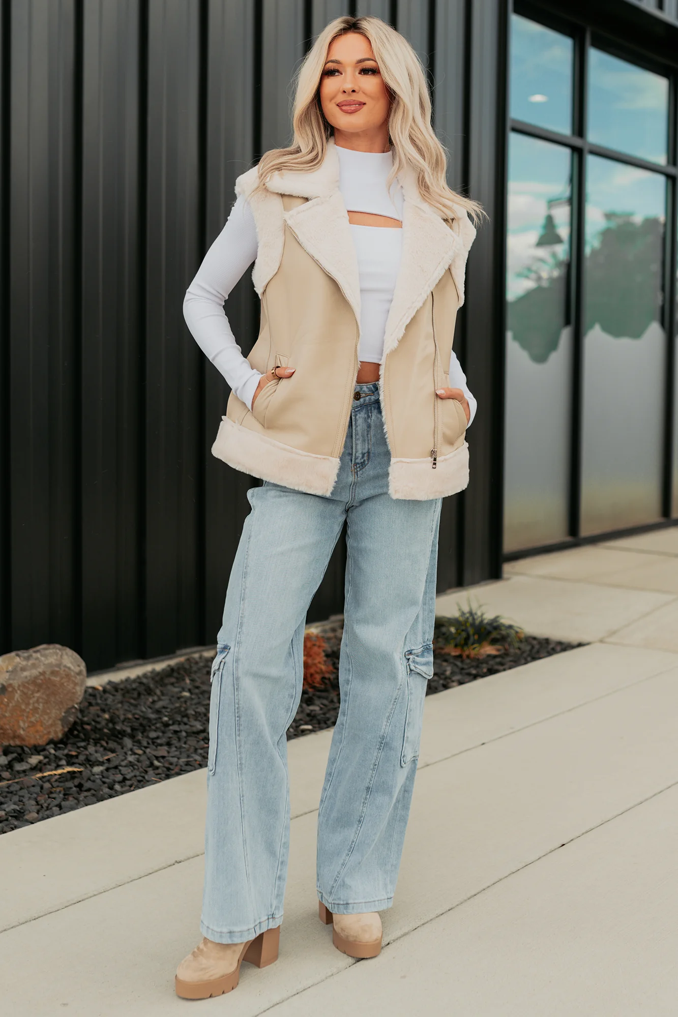 Cabin State Faux Leather Fur Lined Vest (Cream/Taupe) - Image 2
