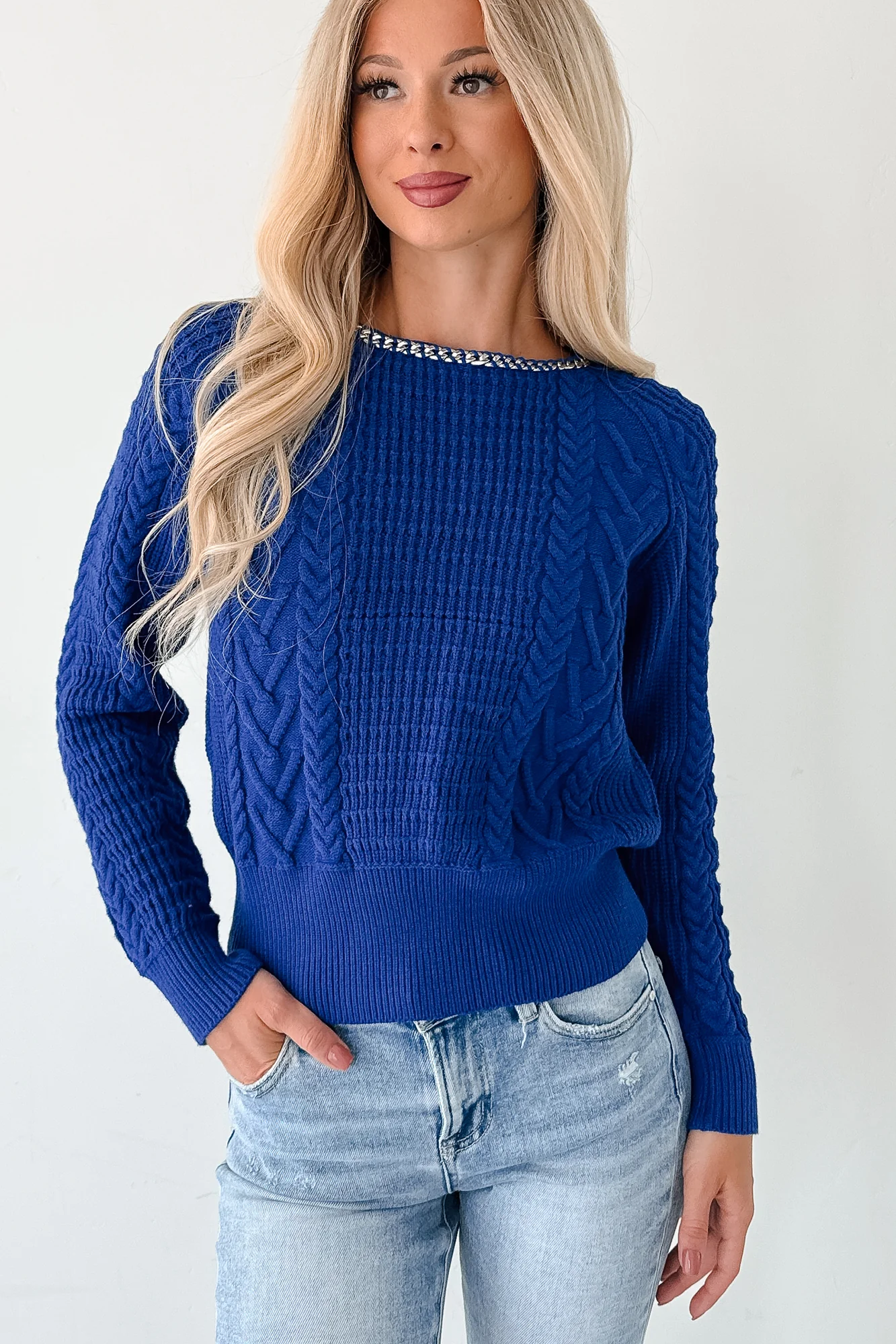 Chill Goals Chain Detail Cable Knit Fore Sweater (Blue) - Image 4