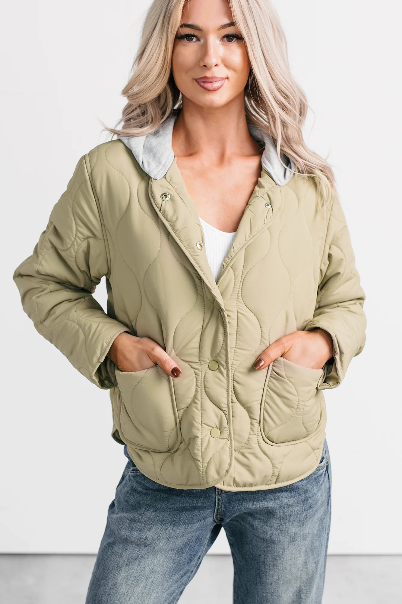City Stitch Hooded Lightweight Quilted Jacket (Olive) - Image 3