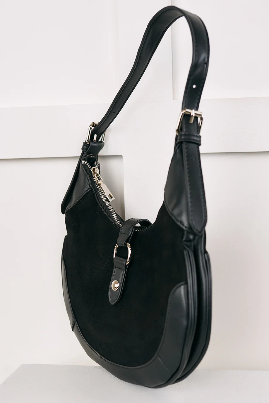 Claim Fame Faux Suede & Leather Crescent Bag (Black) - Image 3