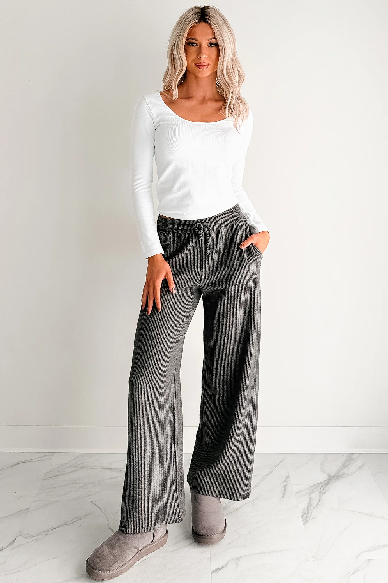 Cozy Feeling Ribbed Wide Leg Pants (Charcoal)