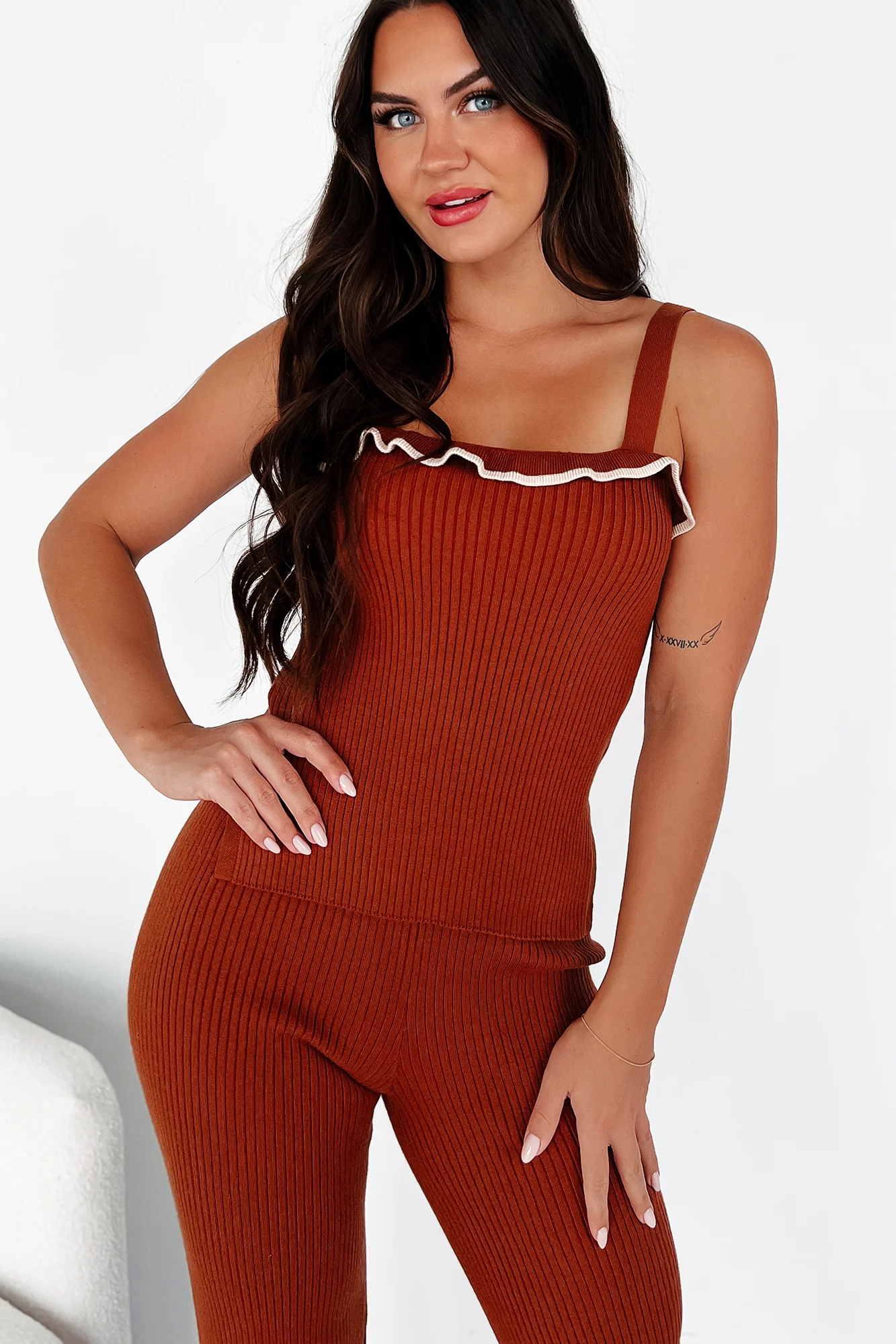 Crisp Leaves Ribbed Knit Tank Top (Rust) - Image 2