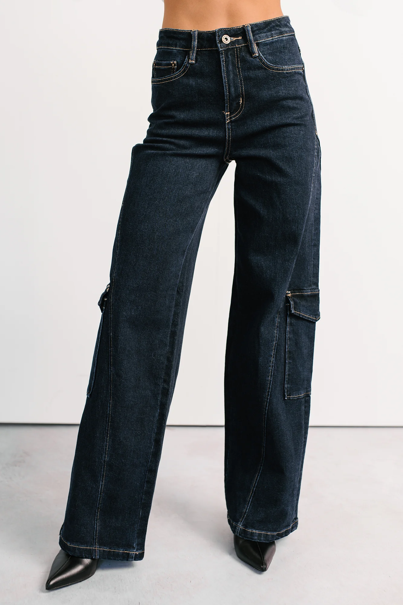 Crosby Wide Leg Mica Denim Cargo Jeans (Dark Wash)