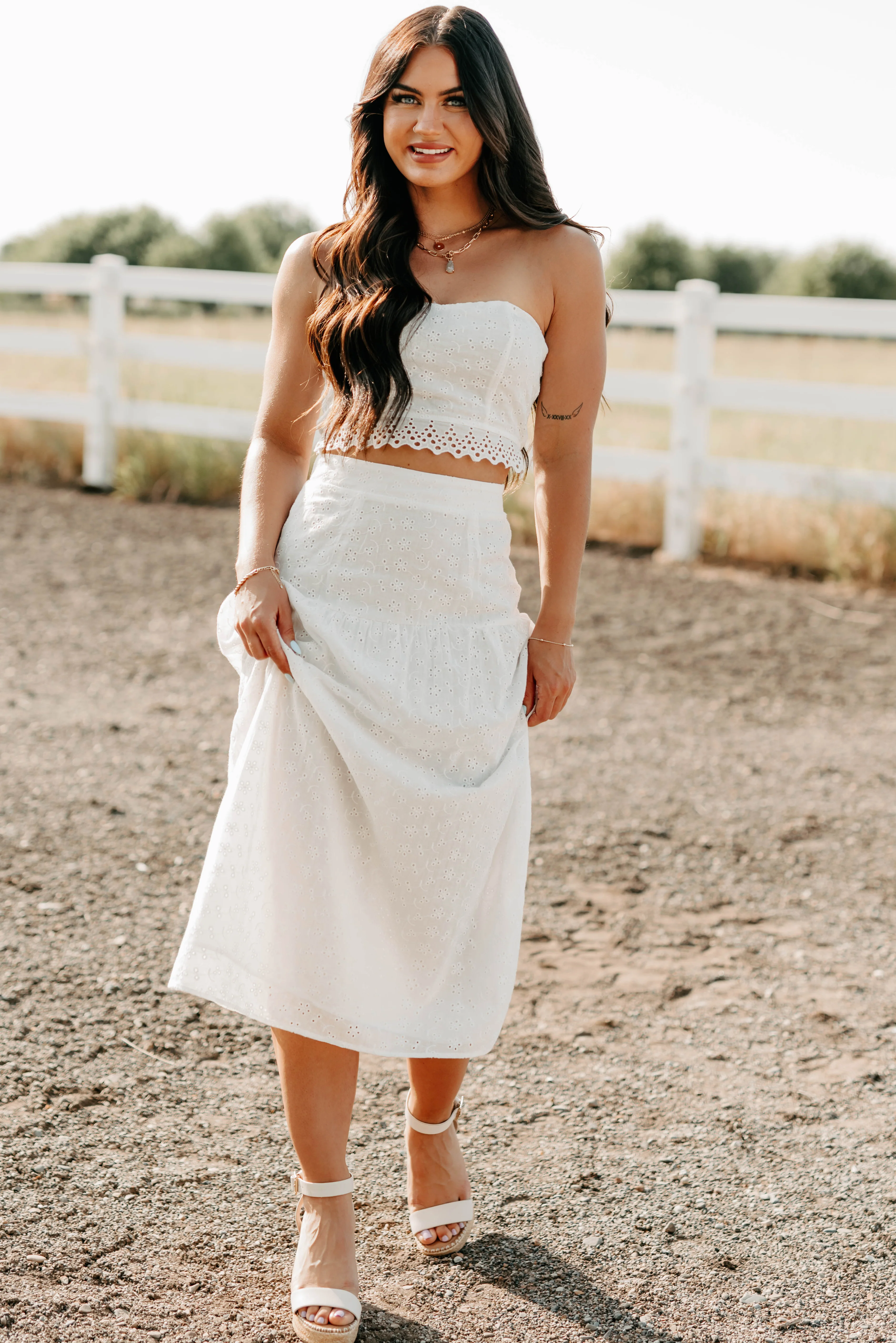 Crush Culture Crop Top Eyelet Skirt Set (White) - Image 3