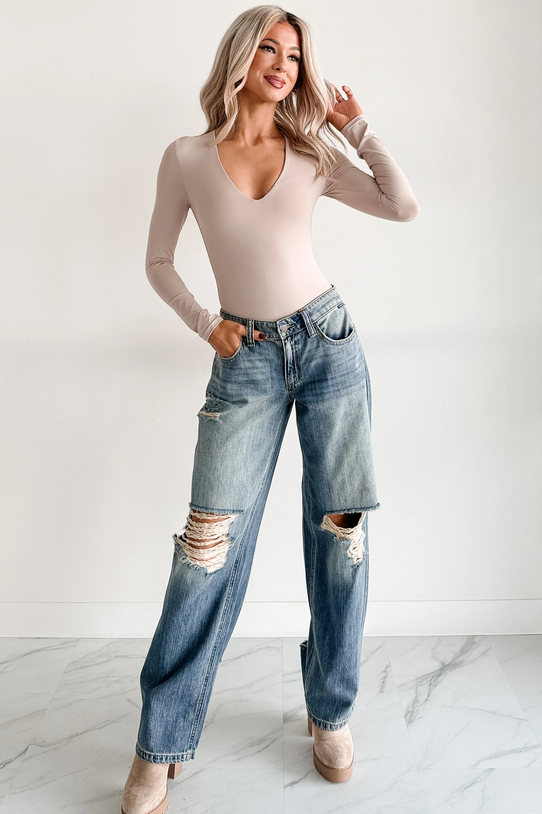 Daily Ease Long Sleeve V Neck Bodysuit (Light Taupe) - Image 13