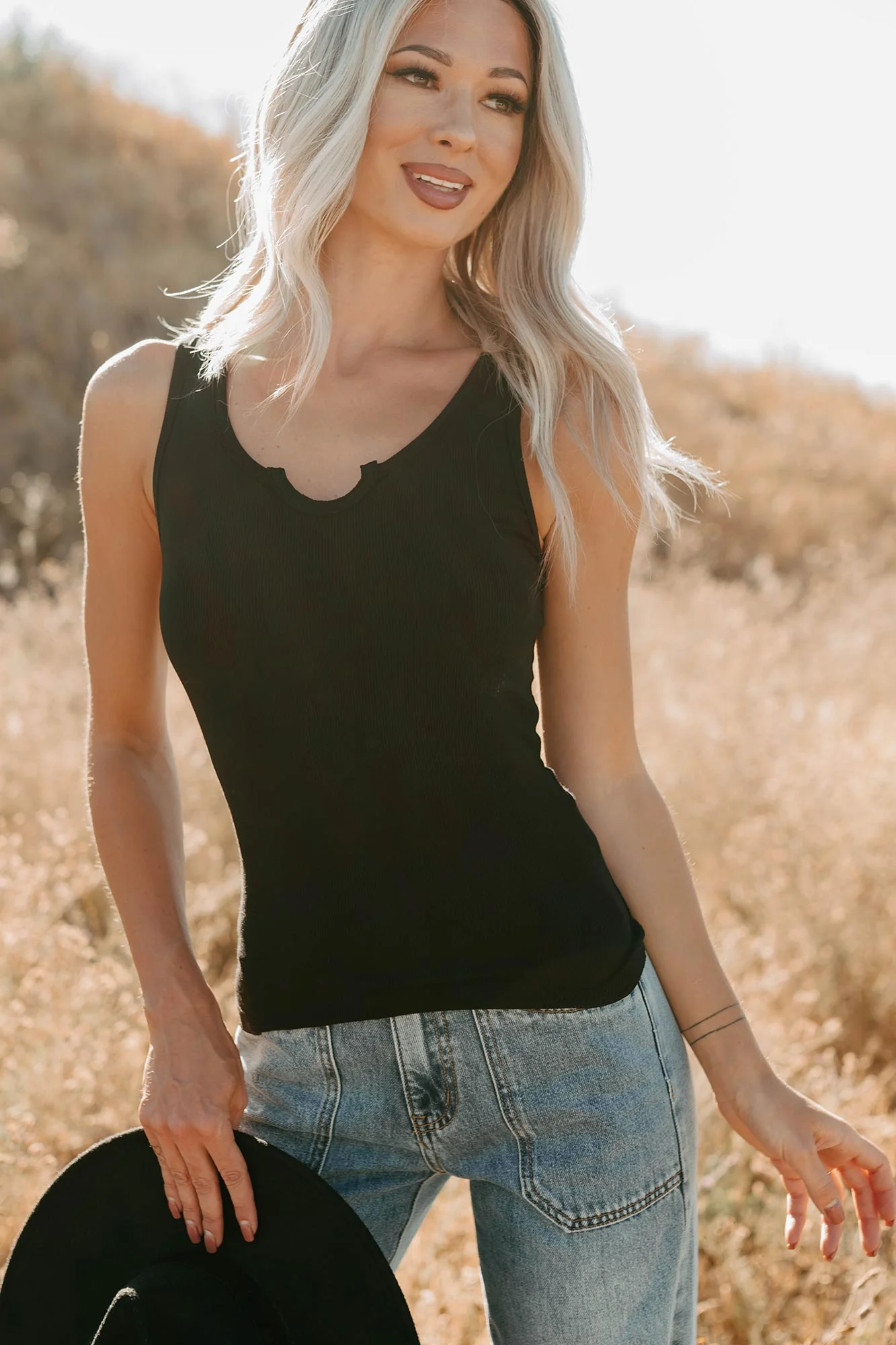 Daily Icon Notched Signature 8 Rib Knit Tank (Black) - Image 2