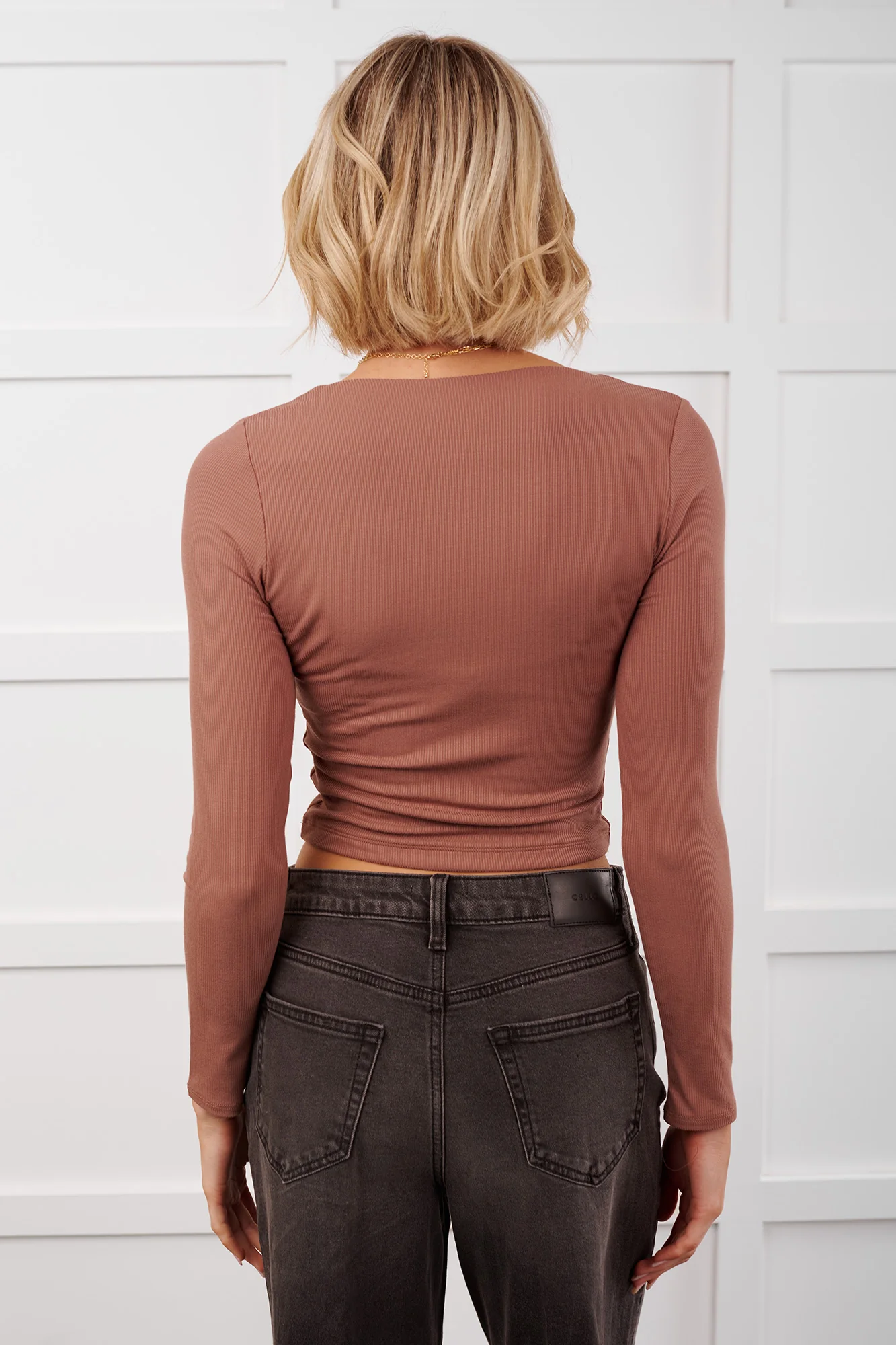 Daily Rhythm Long Sleeve V Neck Crop Top (Mocha) - Image 6