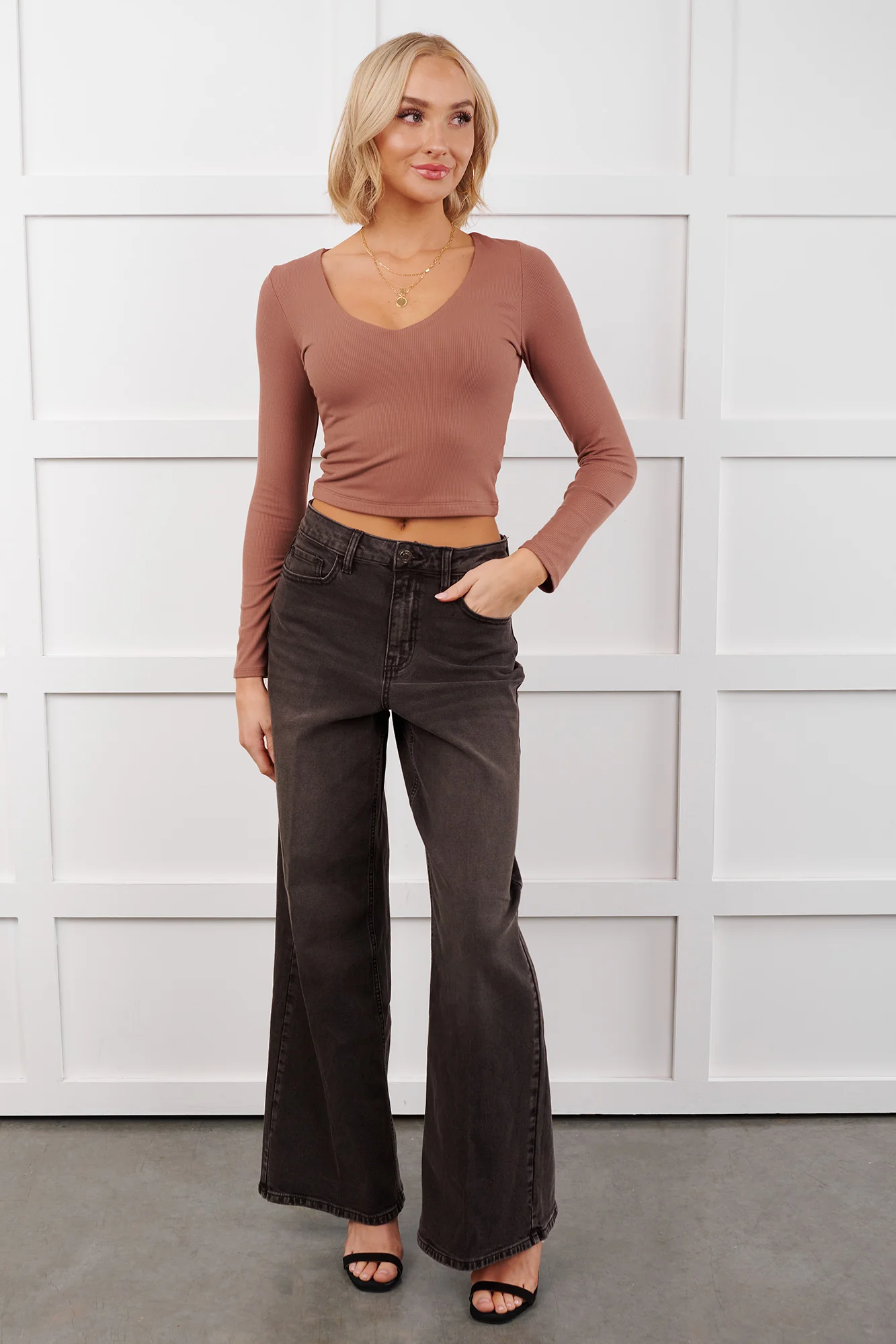 Daily Rhythm Long Sleeve V Neck Crop Top (Mocha) - Image 7