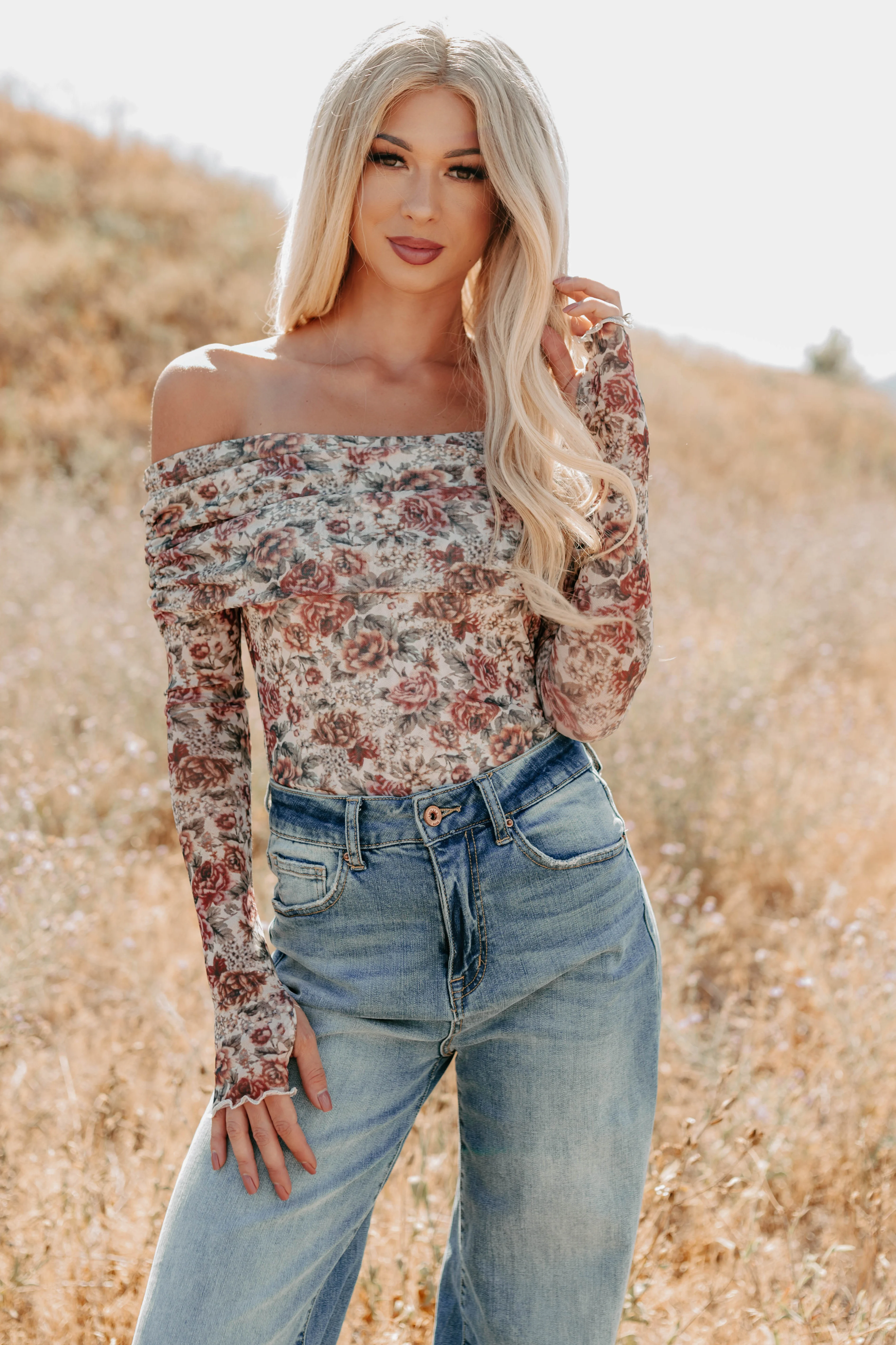 Daisy Fresh Off The Shoulder Floral Bodysuit (Cream) - Image 6