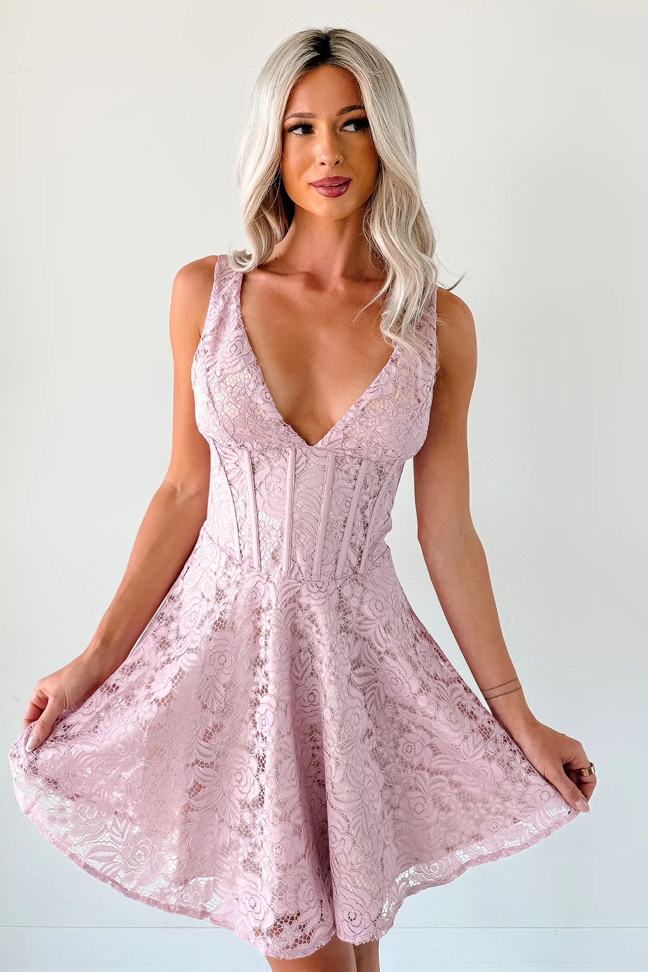 Dangerously Sweet Lace Corset Style Mini Dress (Pink) - Image 6