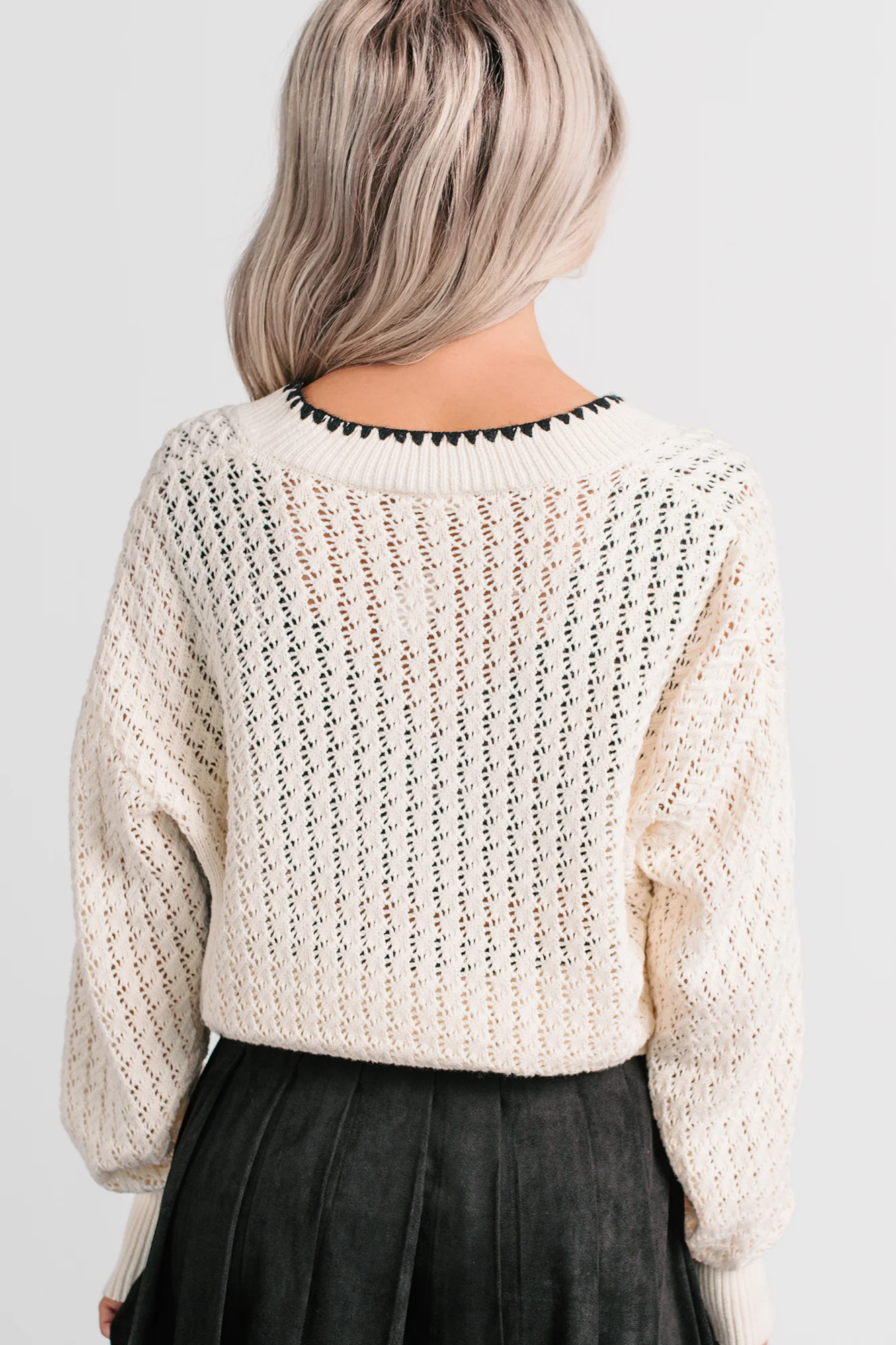 Darling Hour Cable Knit Contrast Cardigan (Ivory/Black) - Image 4