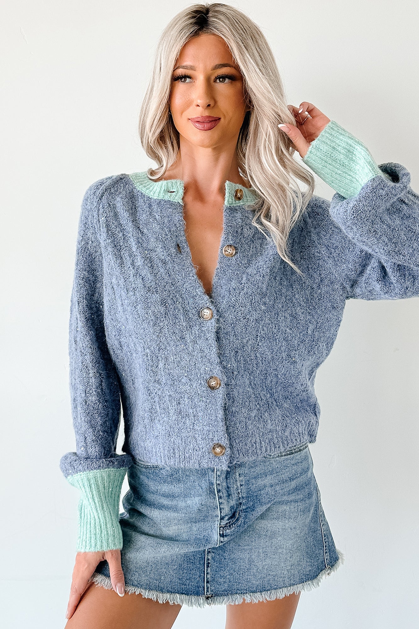 Daydream Zen Knit Contrast Glittery Cardigan (Blue) - Image 3