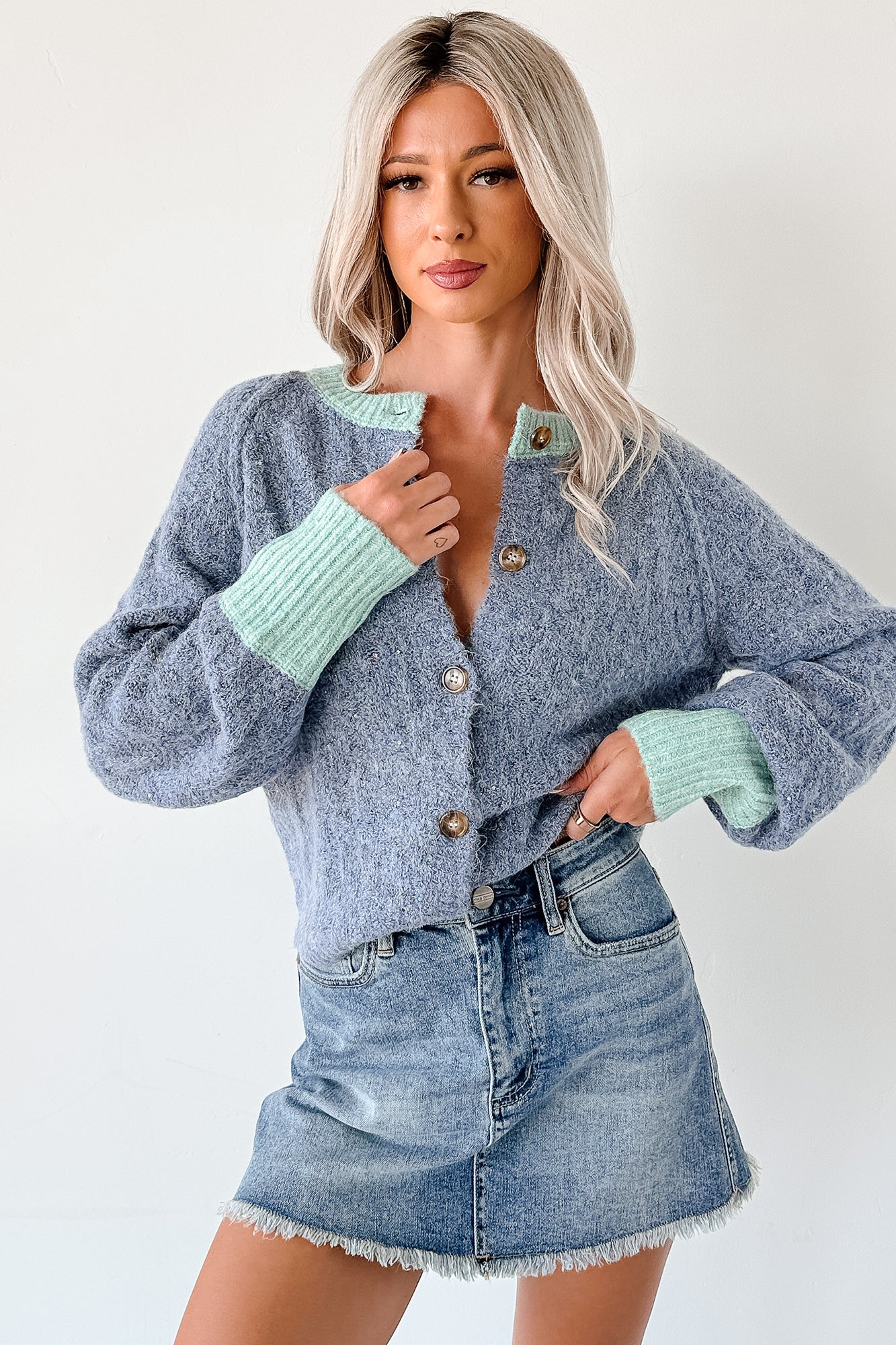 Daydream Zen Knit Contrast Glittery Cardigan (Blue) - Image 7