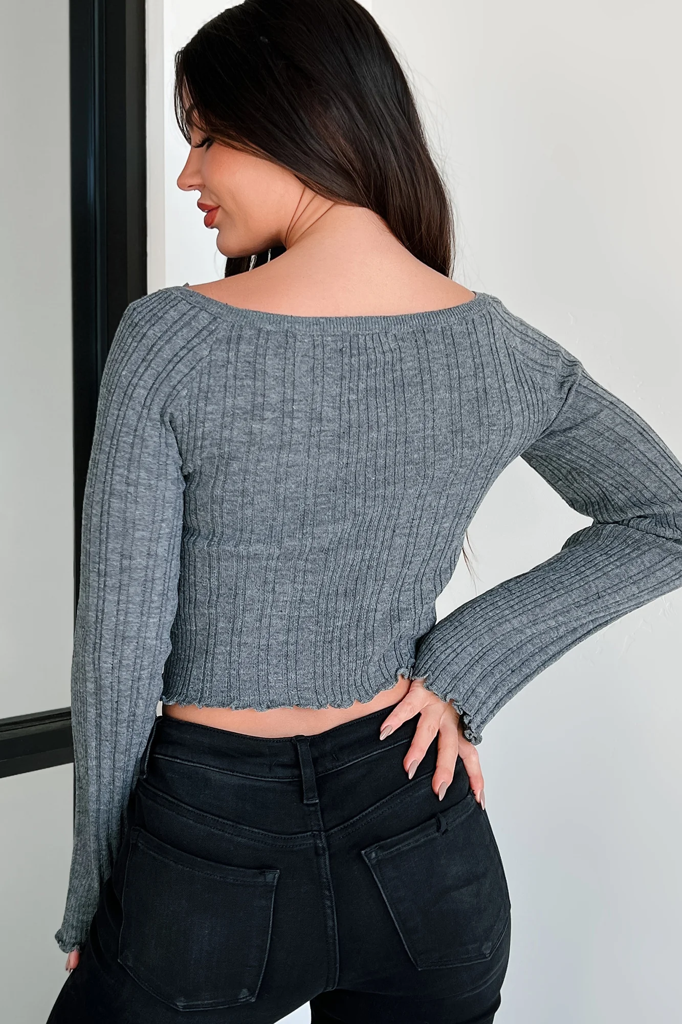 Delicate Darling Off The Shoulder Long Sleeve Top (Heather Grey) - Image 3