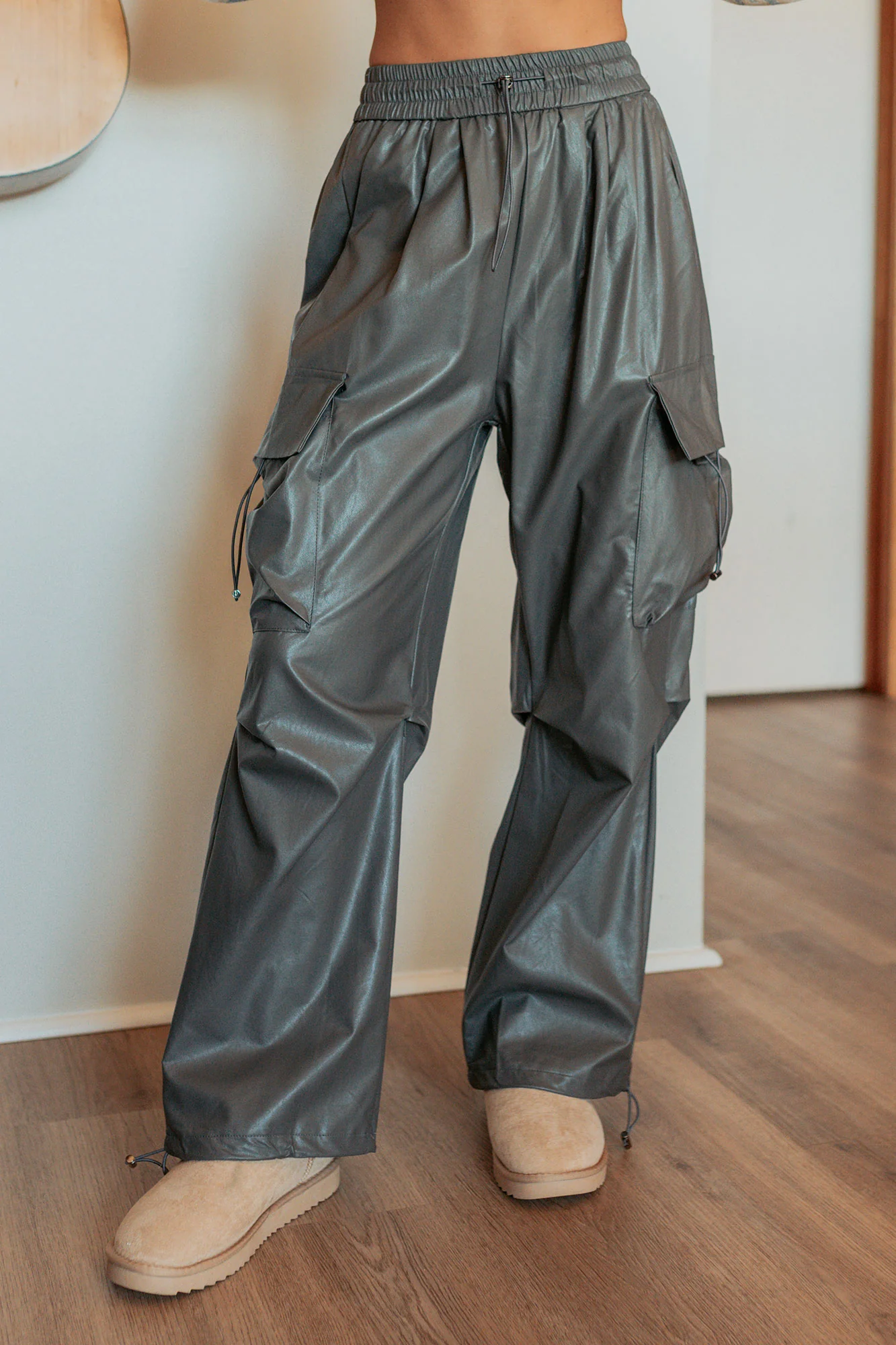 Don’t Be Shy Faux Leather Cargo Pants (Grey) - Image 5