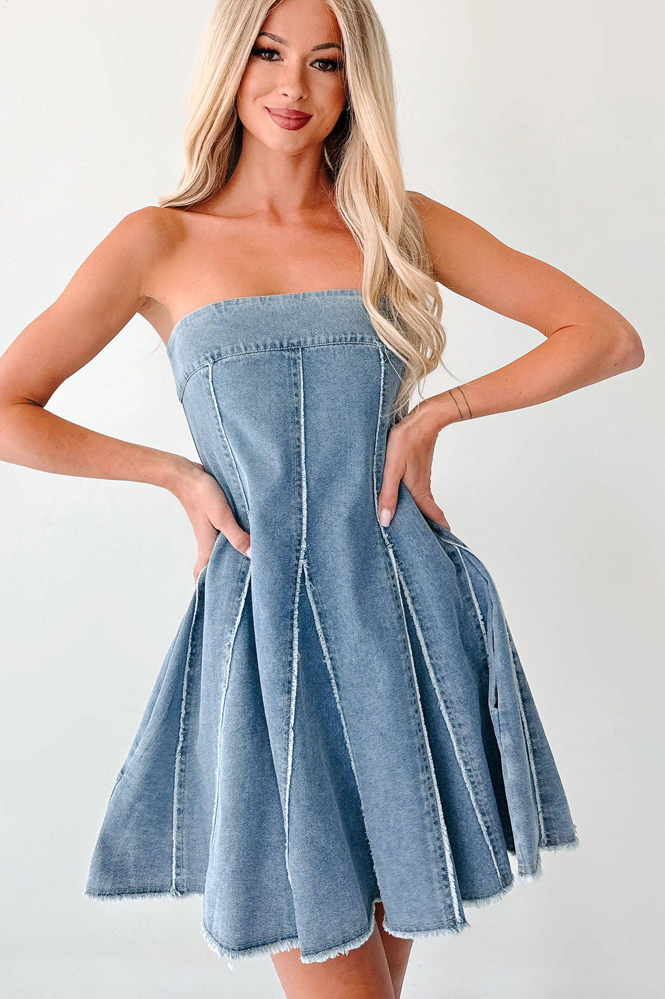 Dreamy & Driven Strapless Denim Mini Dress (Blue) - Image 4