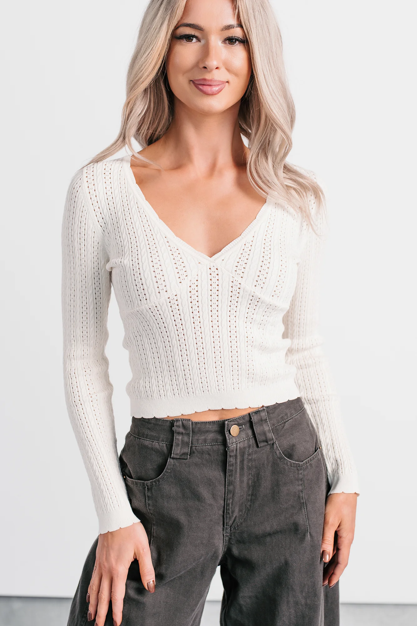 Dreamy Mornings Deep V-Neck Sweater Top (Cream)