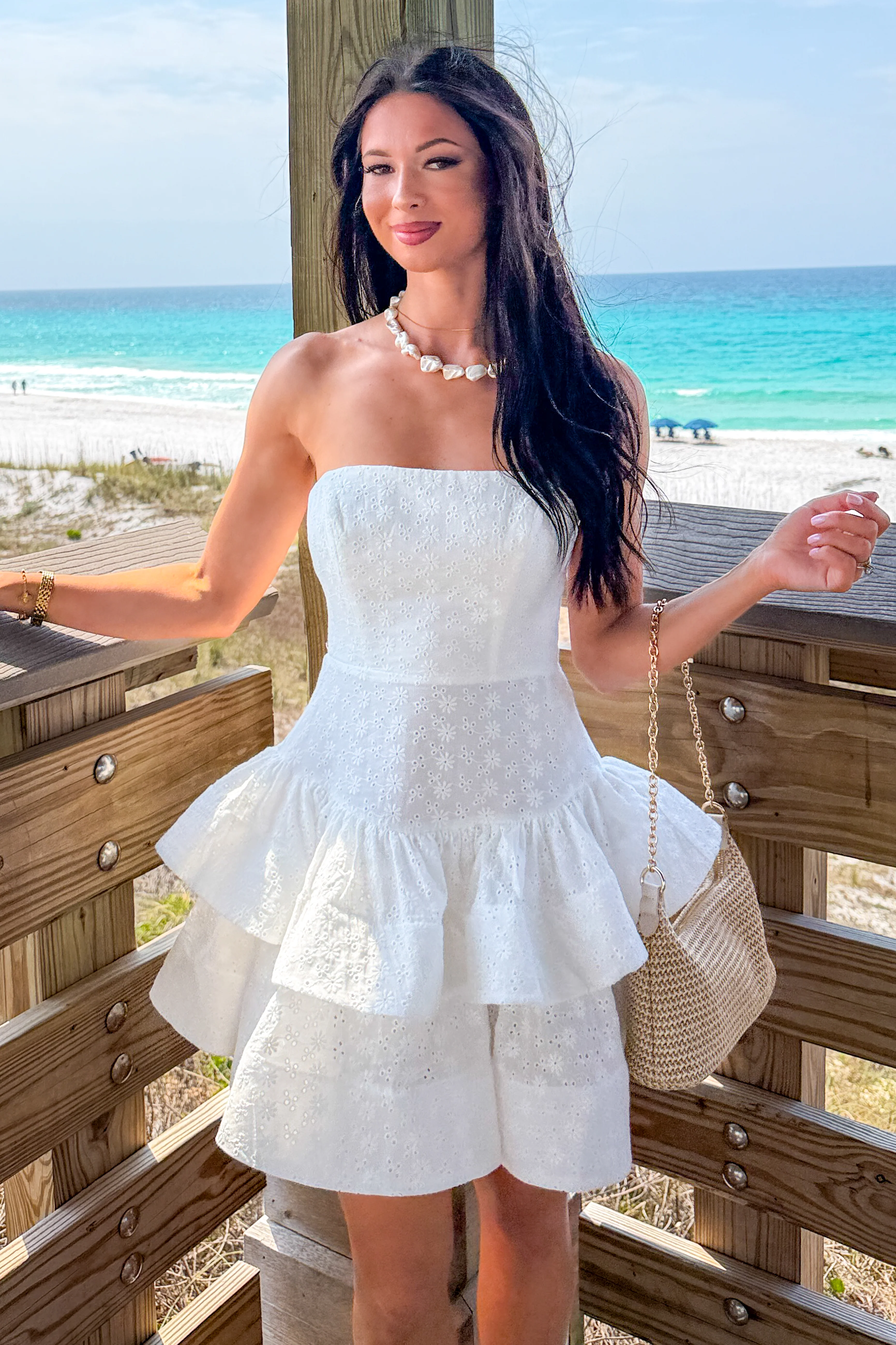 Drifting Petals Eyelet Embroidery Cotton Mini Dress (Off White) - Image 2