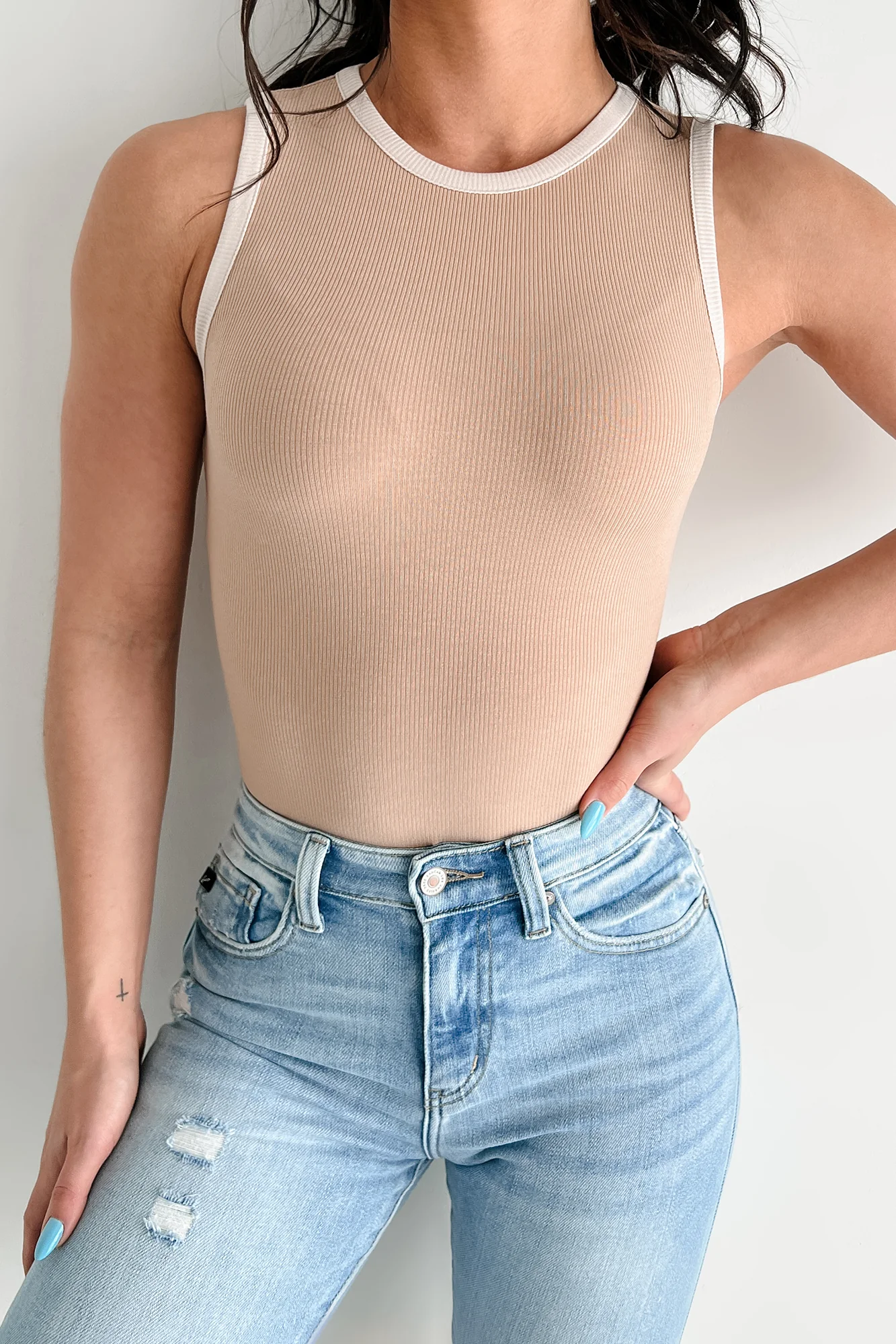 Easily Loved Ribbed Sleeveless Bodysuit (Tan/Cream) - Image 5