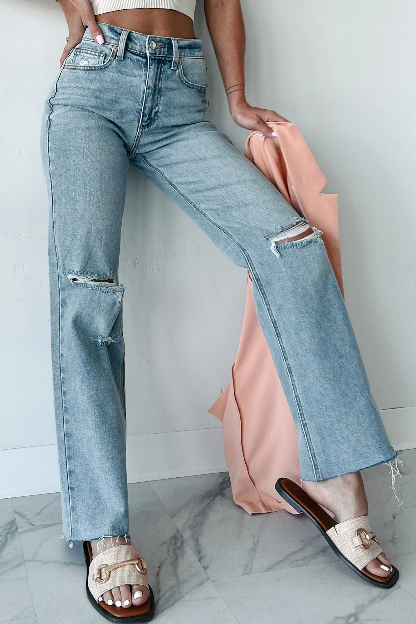 Enid High Rise Distressed Sneak Peek Straight Leg Jeans (Medium Light) - Image 7