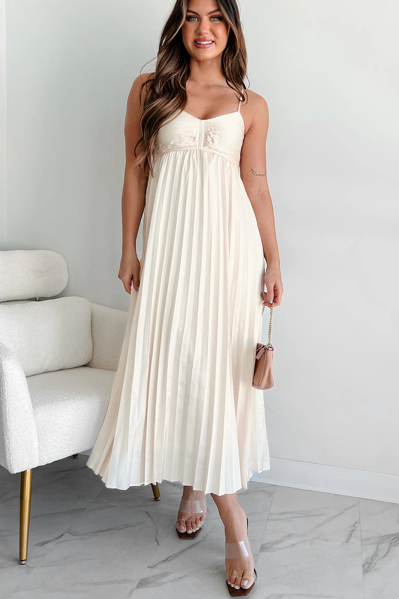 Essential Chicness Pleated Satin Dress (Champagne) - Image 2