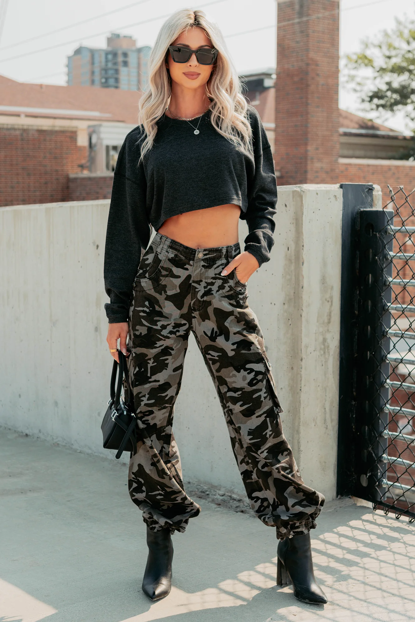 Everyday Cool Waffle Knit Long Sleeve Crop Top (Black) - Image 2