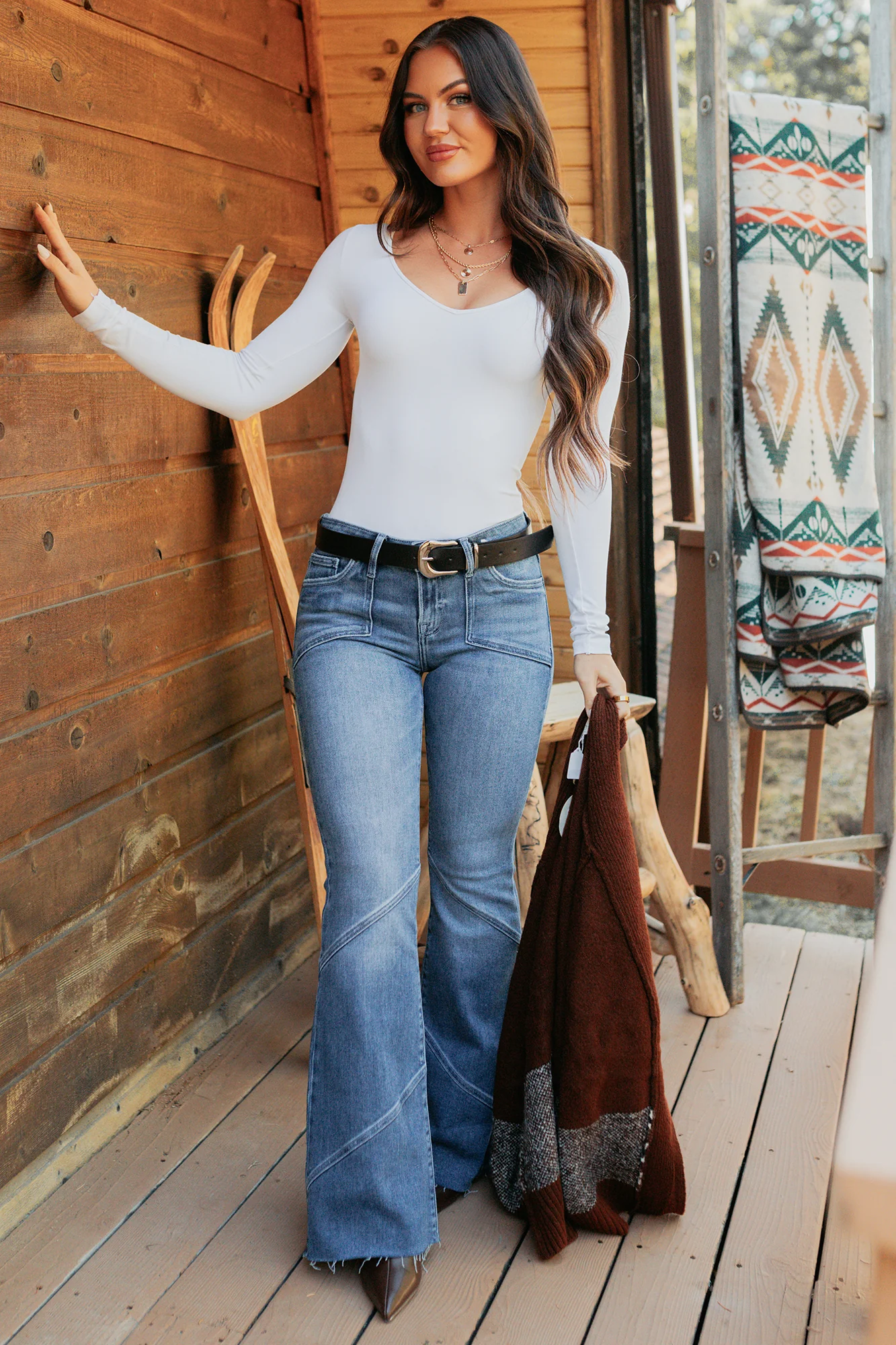 Everyday Lovely V Neck Long Sleeve Bodysuit (White) - Image 2
