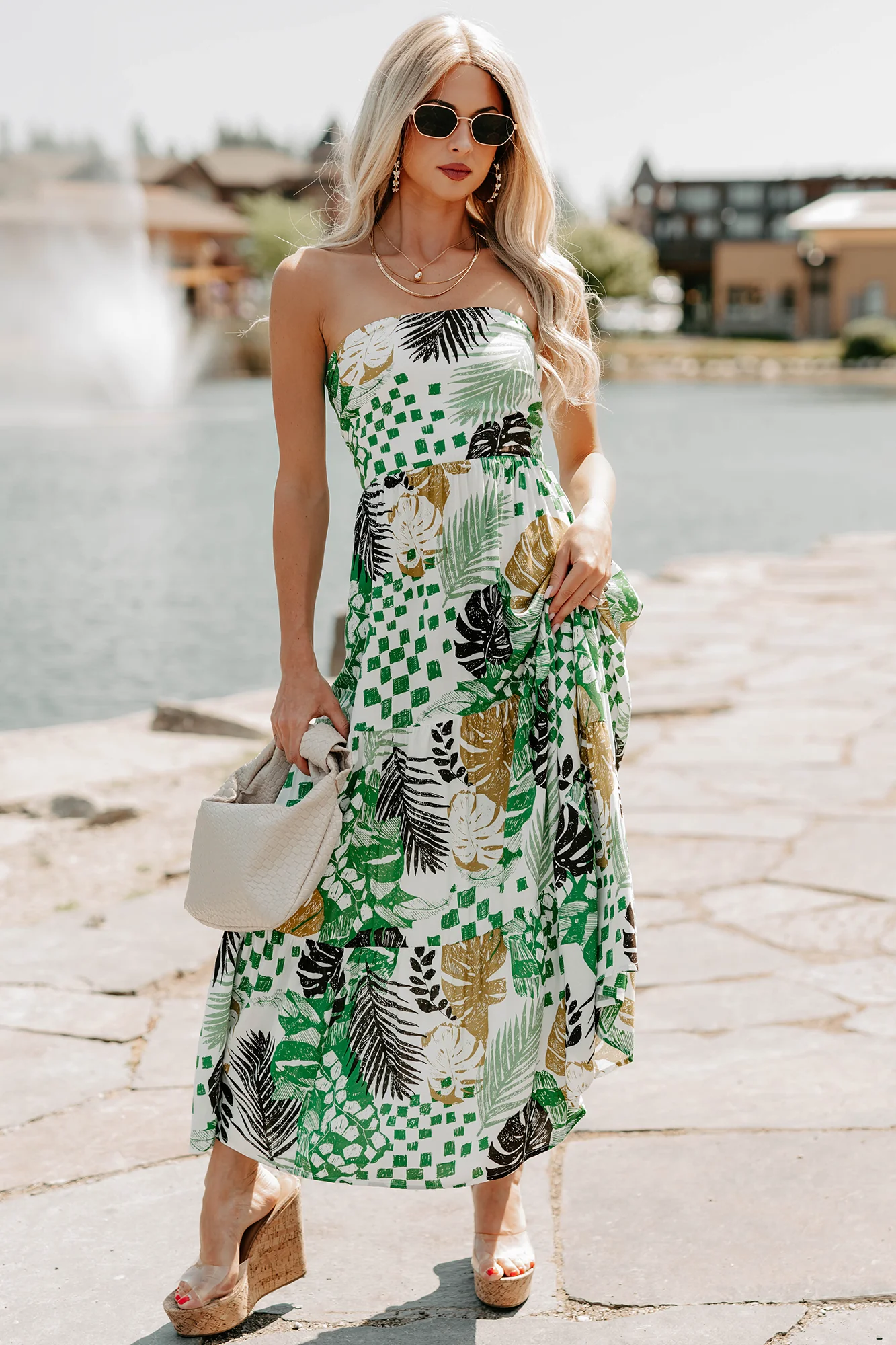 Feel It First Strapless Leaf Print Maxi Dress (Ivory/Green) - Image 7