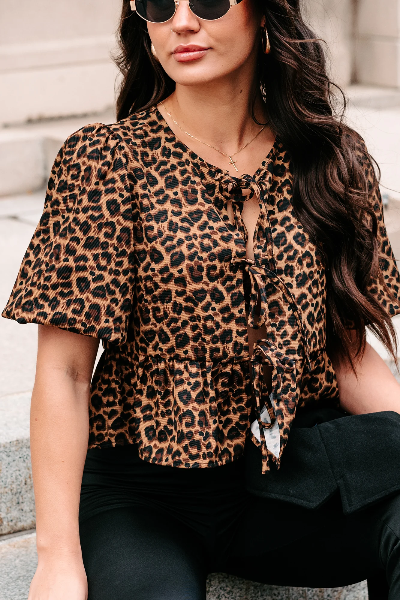 DOORBUSTER Feisty Fashion Front Tie Leopard Print Puff Top (Leopard) - Image 4