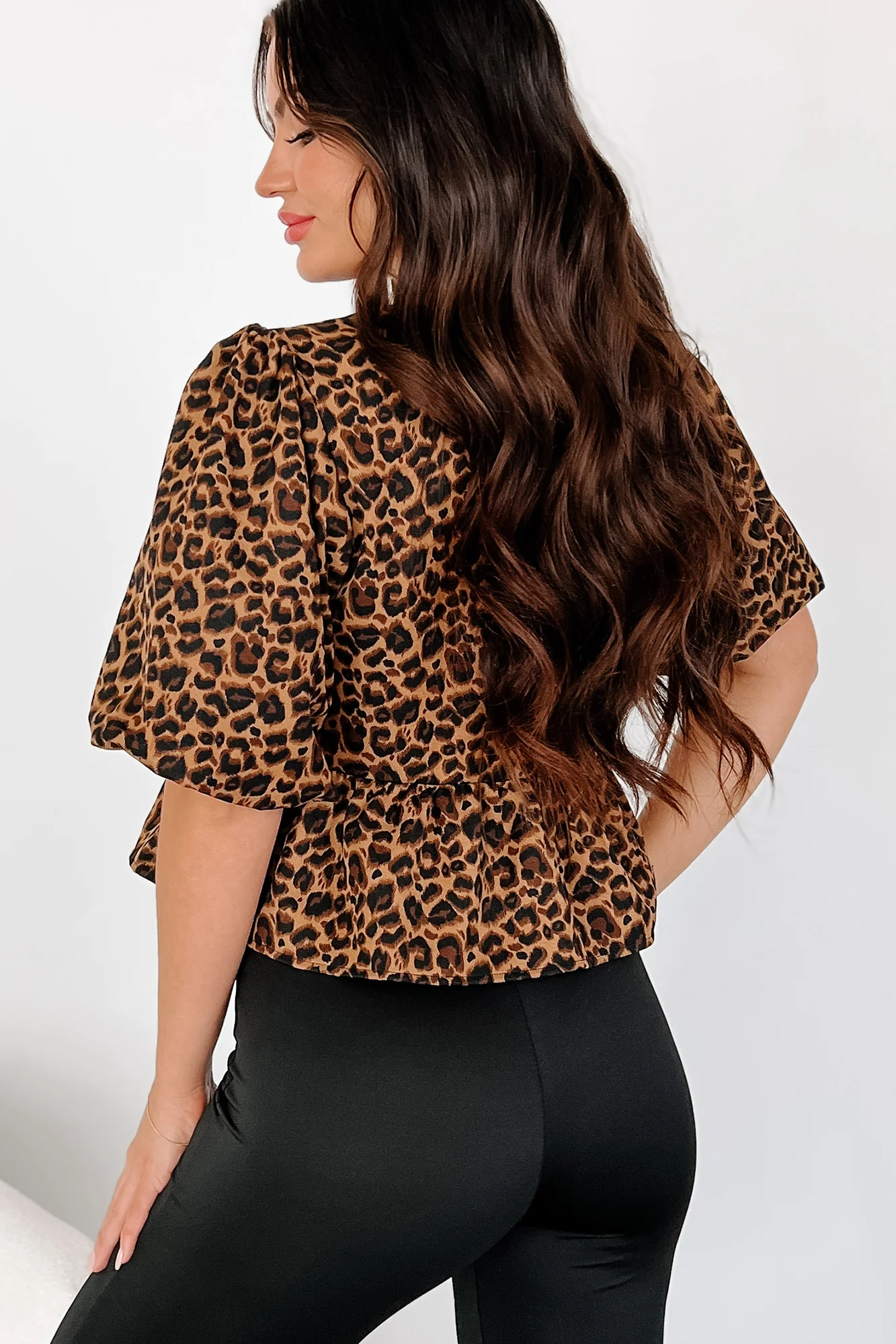 DOORBUSTER Feisty Fashion Front Tie Leopard Print Puff Top (Leopard) - Image 7