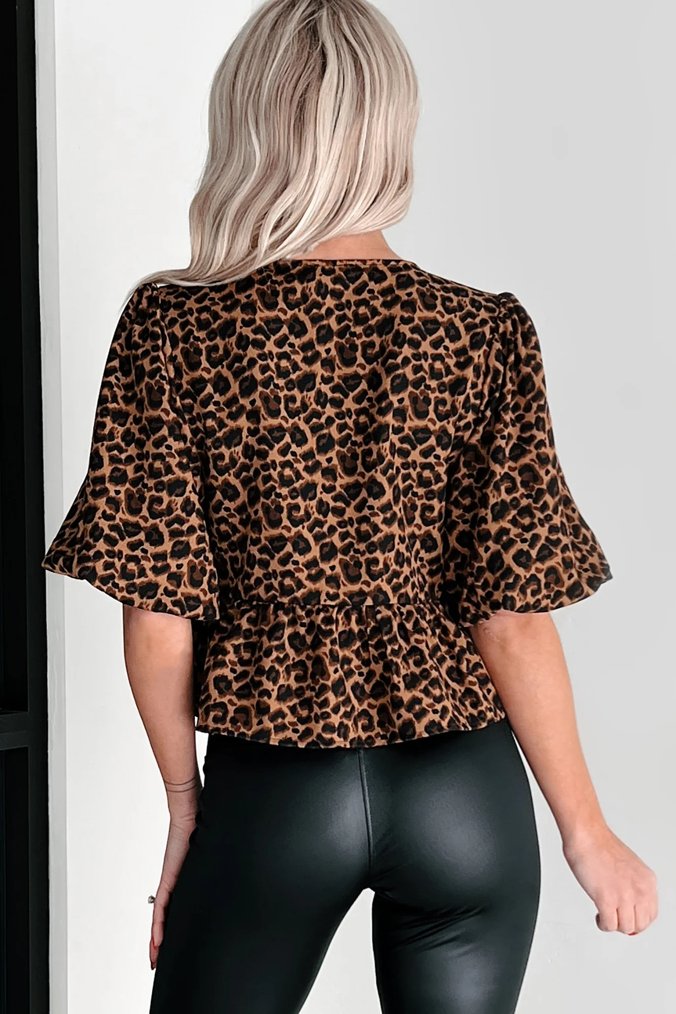 DOORBUSTER Feisty Fashion Front Tie Leopard Print Puff Top (Leopard) - Image 9