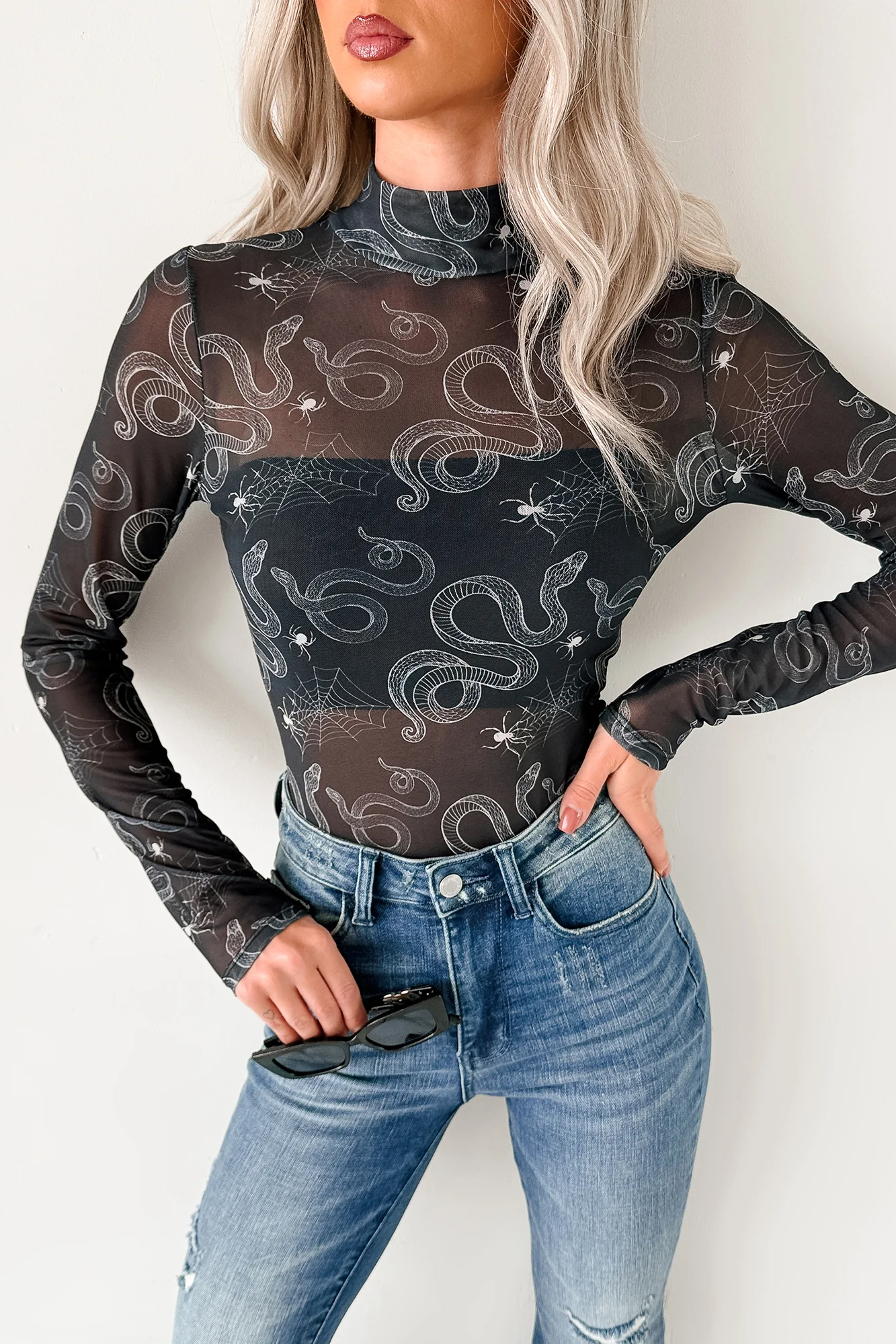 Felt Spooky NM Original Mesh Mock Neck Bodysuit (Black Snake) - Image 2