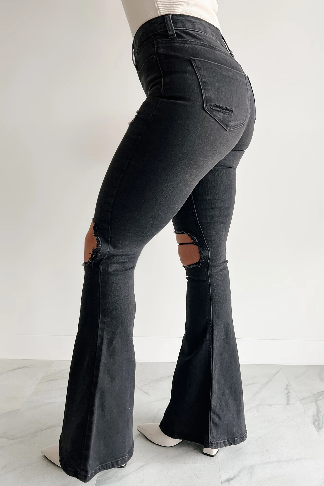 Finnick High Rise Distressed Indigo Reign Flare Jeans (Black) - Image 5