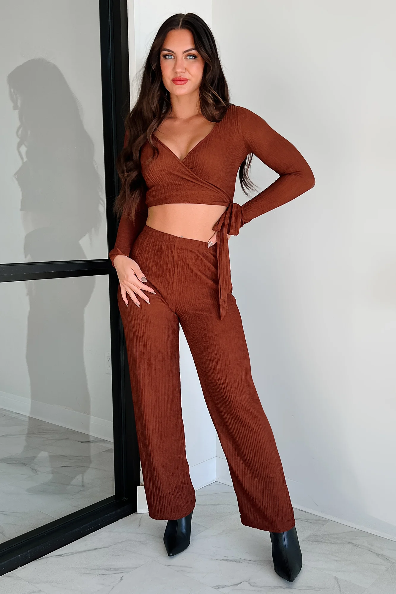 Following My Intuition Crinkled Plisse Wrap Top & Pants Set (Ancora Red) - Image 2
