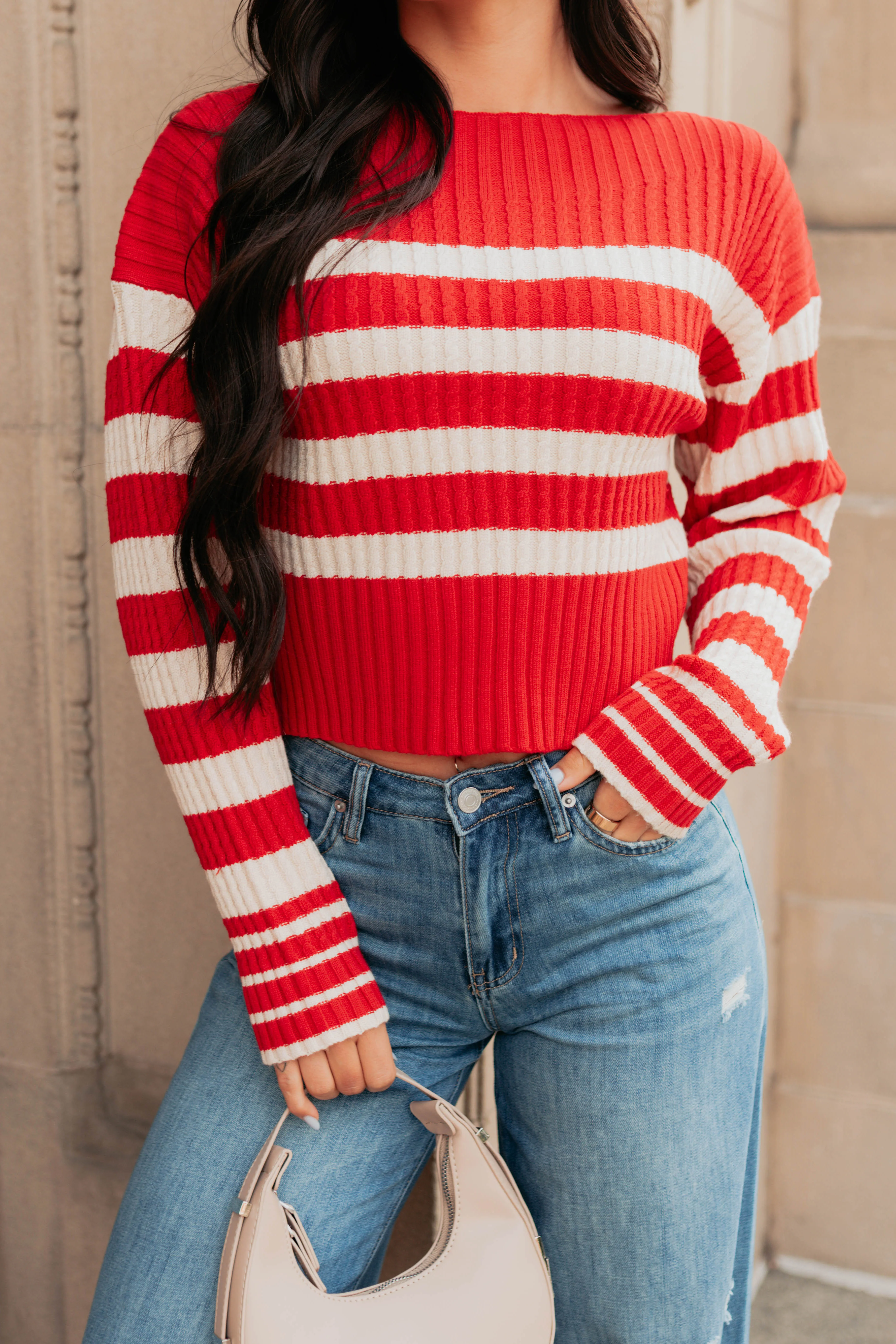 Give And Take Striped Boat Neck Sweater (Red) - Image 6