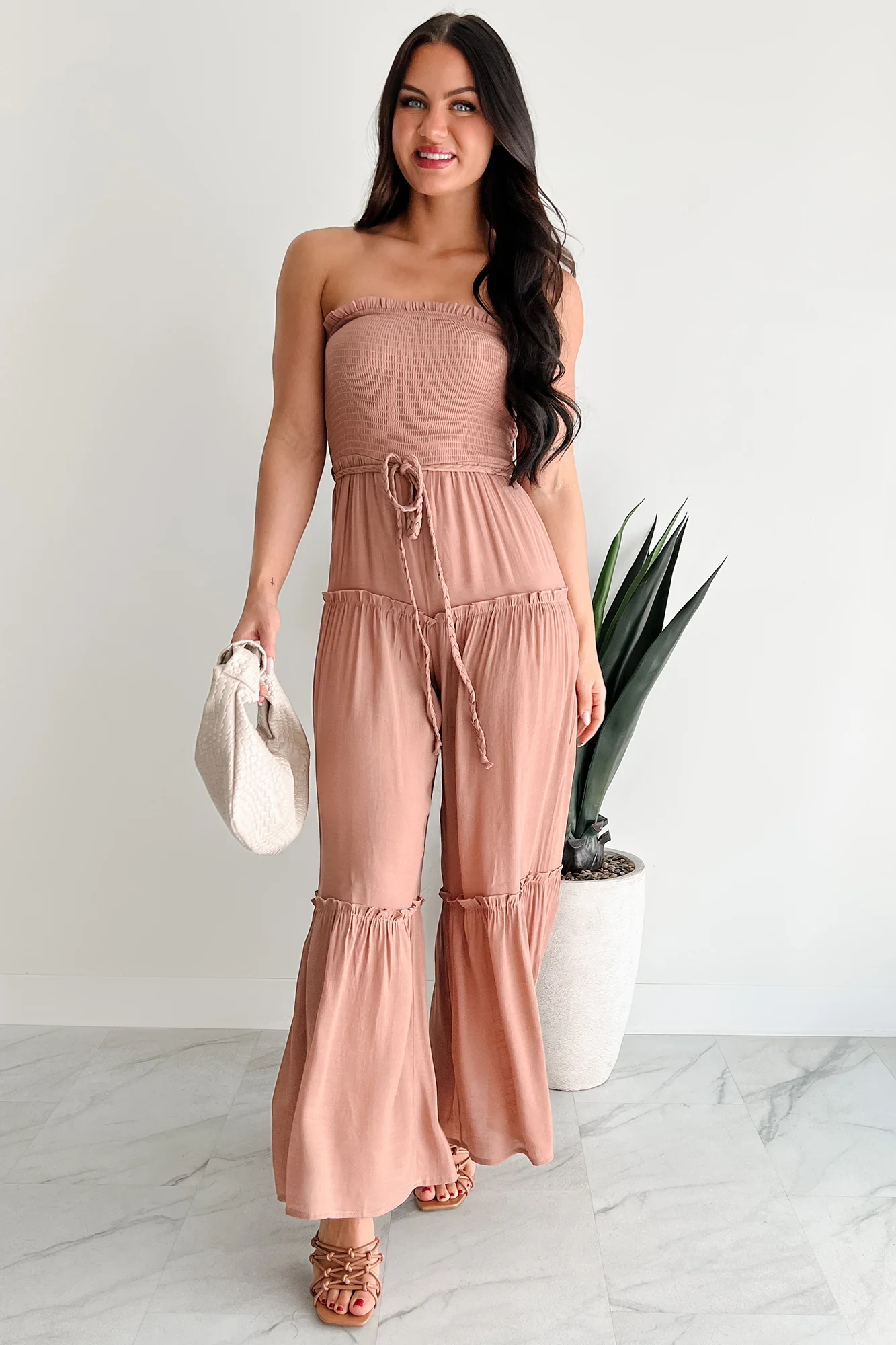 Glam Goddess Strapless Smocked Jumpsuit (Clay) - Image 3
