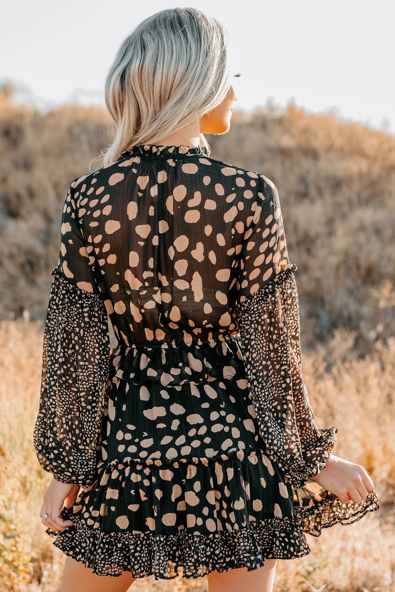Good As Gold Chiffon Ruffle Mini Dress (Black Print) - Image 4