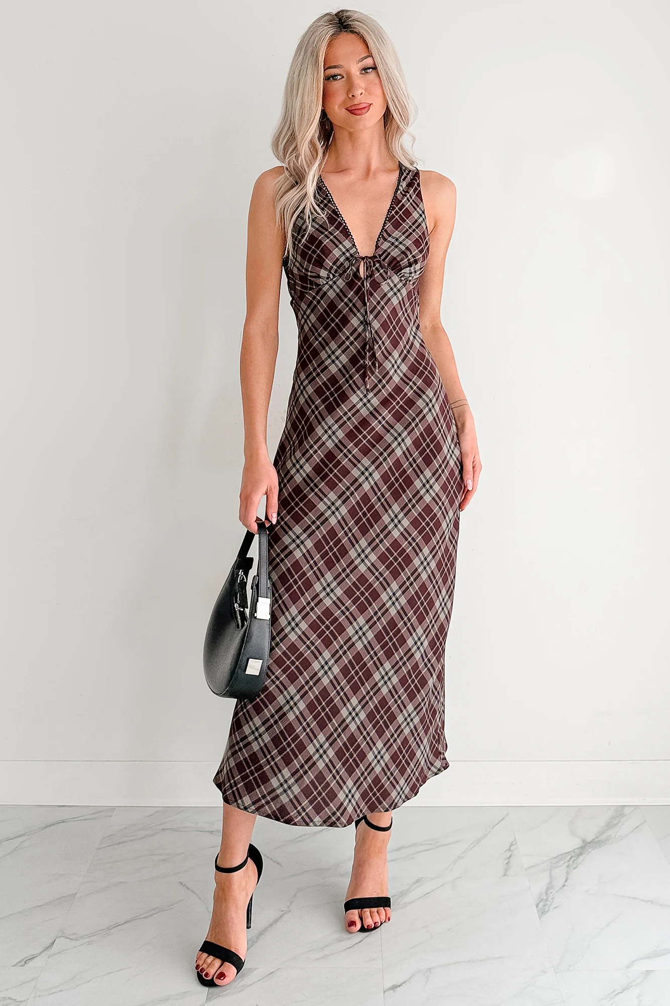 Good Mistake Plaid Deep V-Neck Midi Dress (Burgundy/Taupe) - Image 2