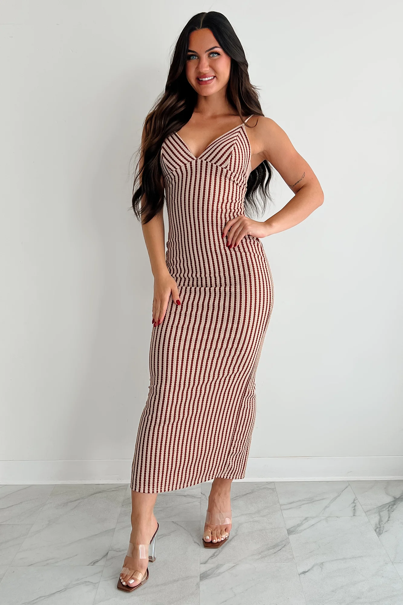 Halo On Hold Sleeveless Stripe Maxi Dress (Wine/Taupe) - Image 5