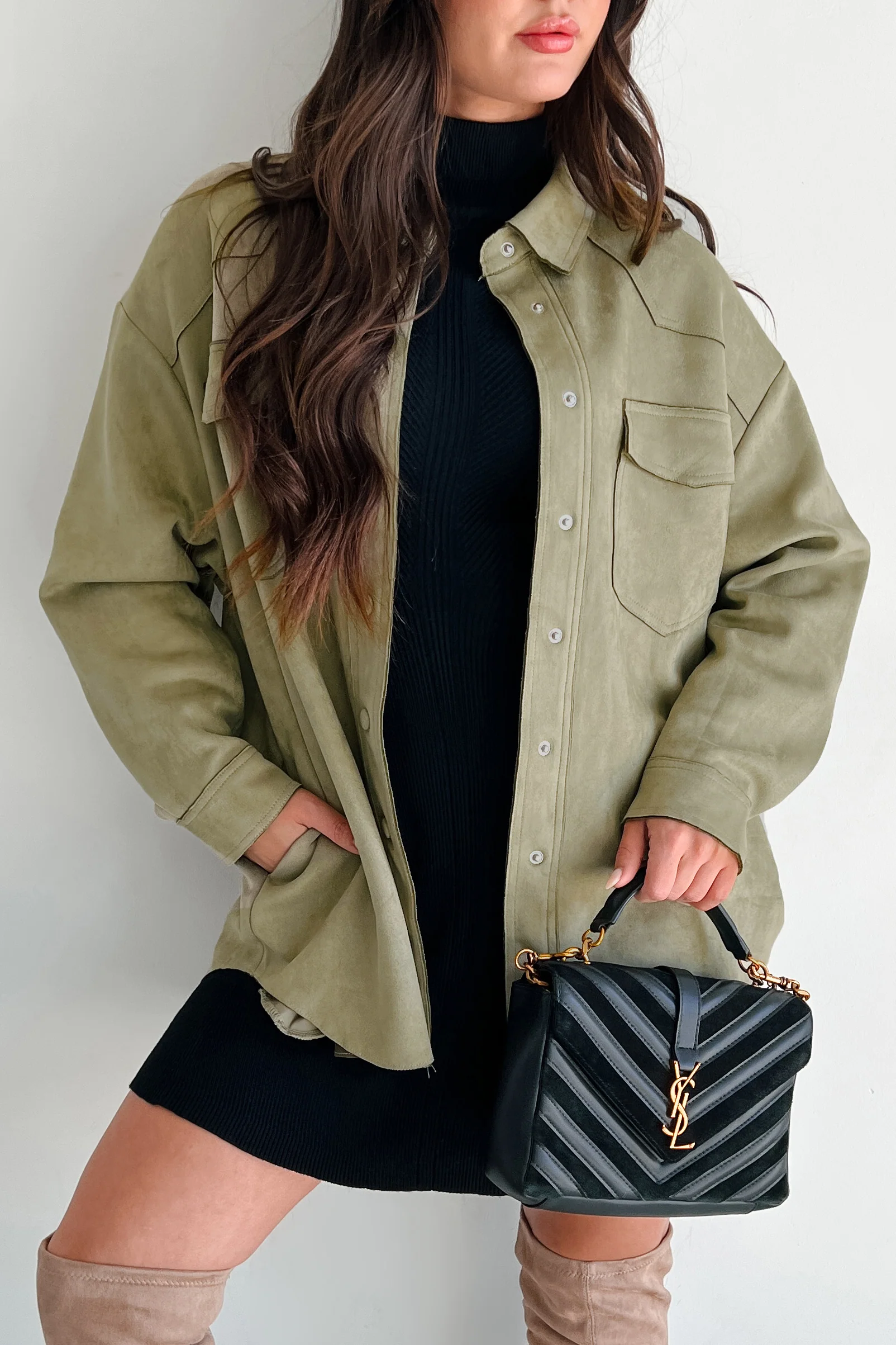 Heading To Town Oversized Faux Suede Shacket (Olive) - Image 2
