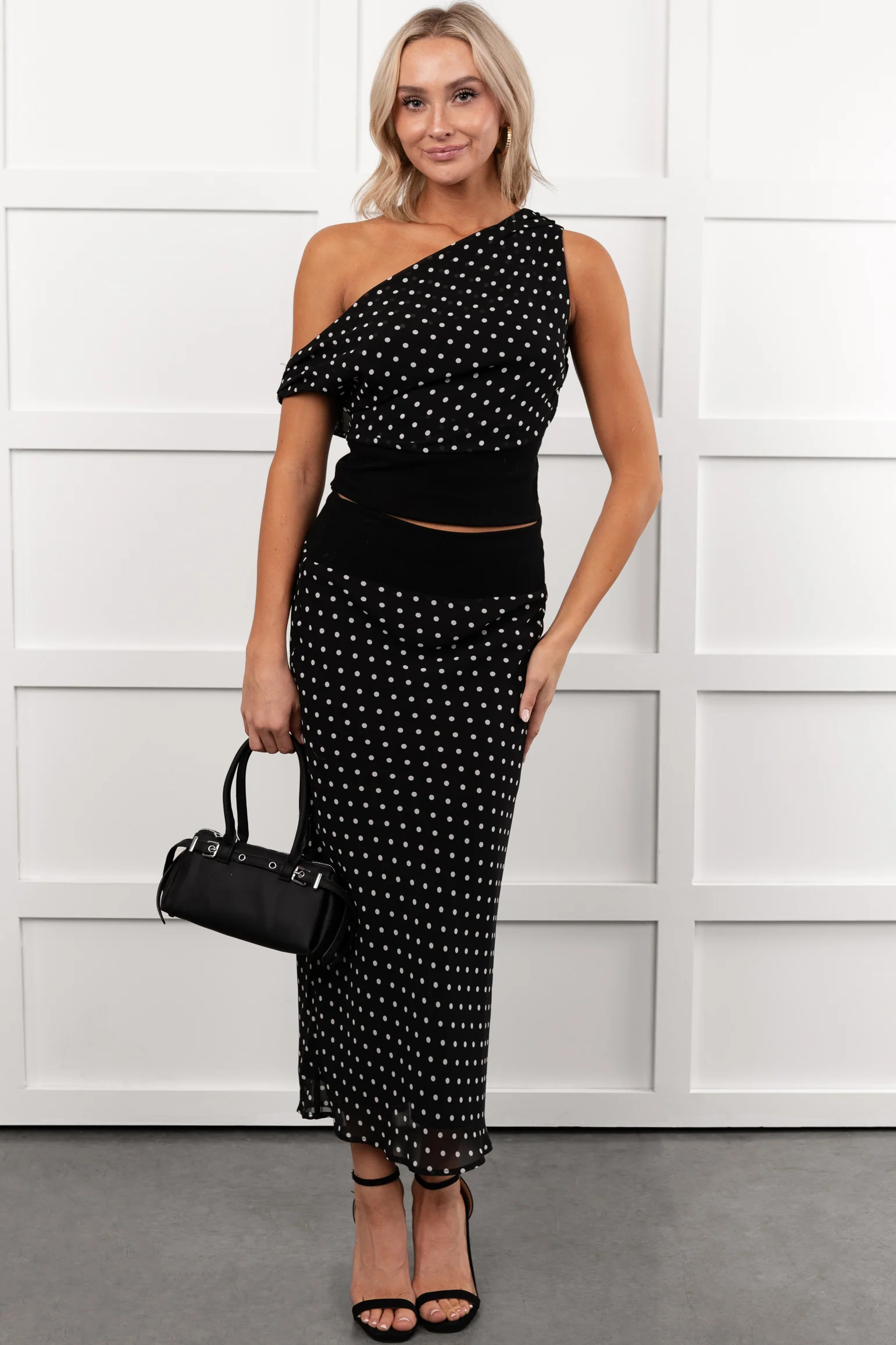 Heat Of It Polka-Dot One Shoulder Top Midi Skirt Set (Black/White) - Image 2