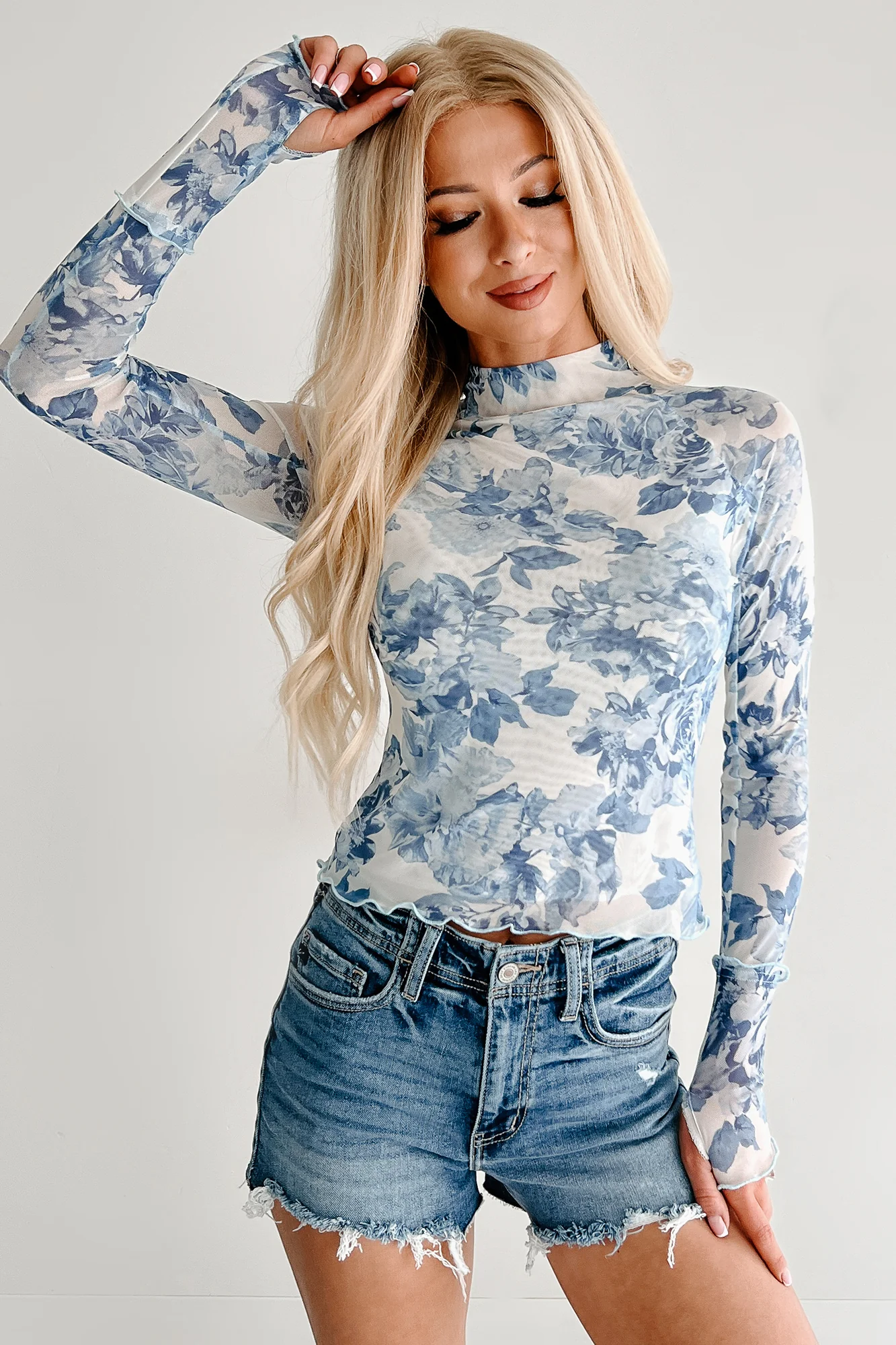 Hooked On You Floral Mesh Long Sleeve Top (White/Blue) - Image 3
