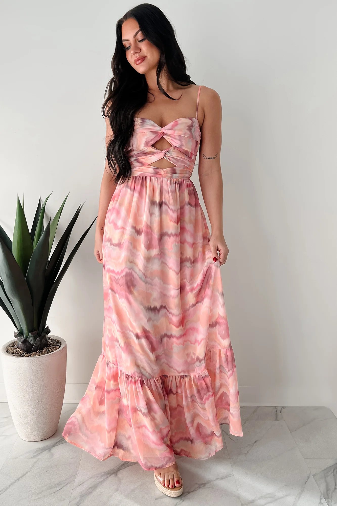 I Hope You Think Of Me Marble Printed Maxi Dress (Pink Multi)