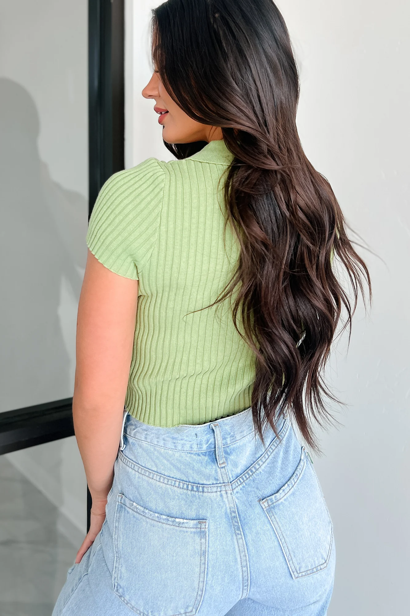 Inspiring Sweetness Sweater Knit Polo Top (Green) - Image 2